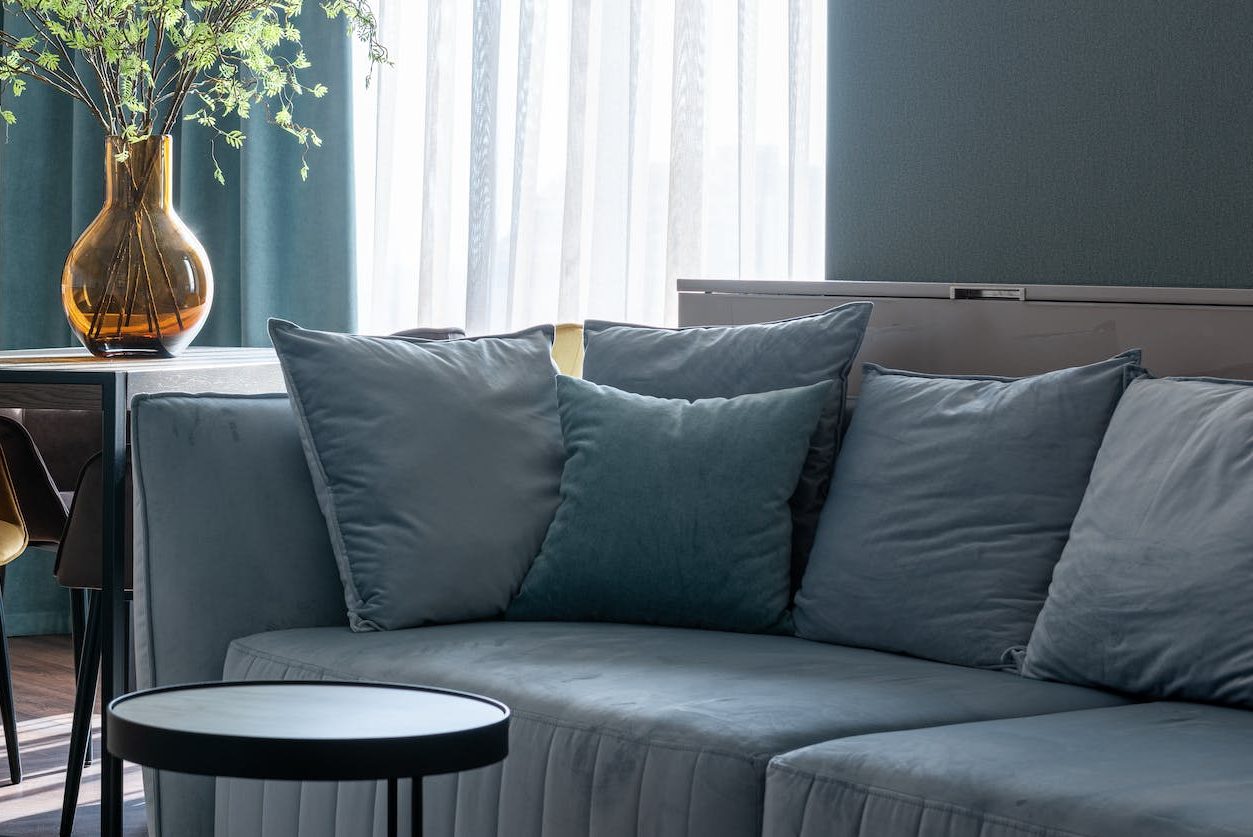 modern studio apartment interior with sofa and kitchen zone