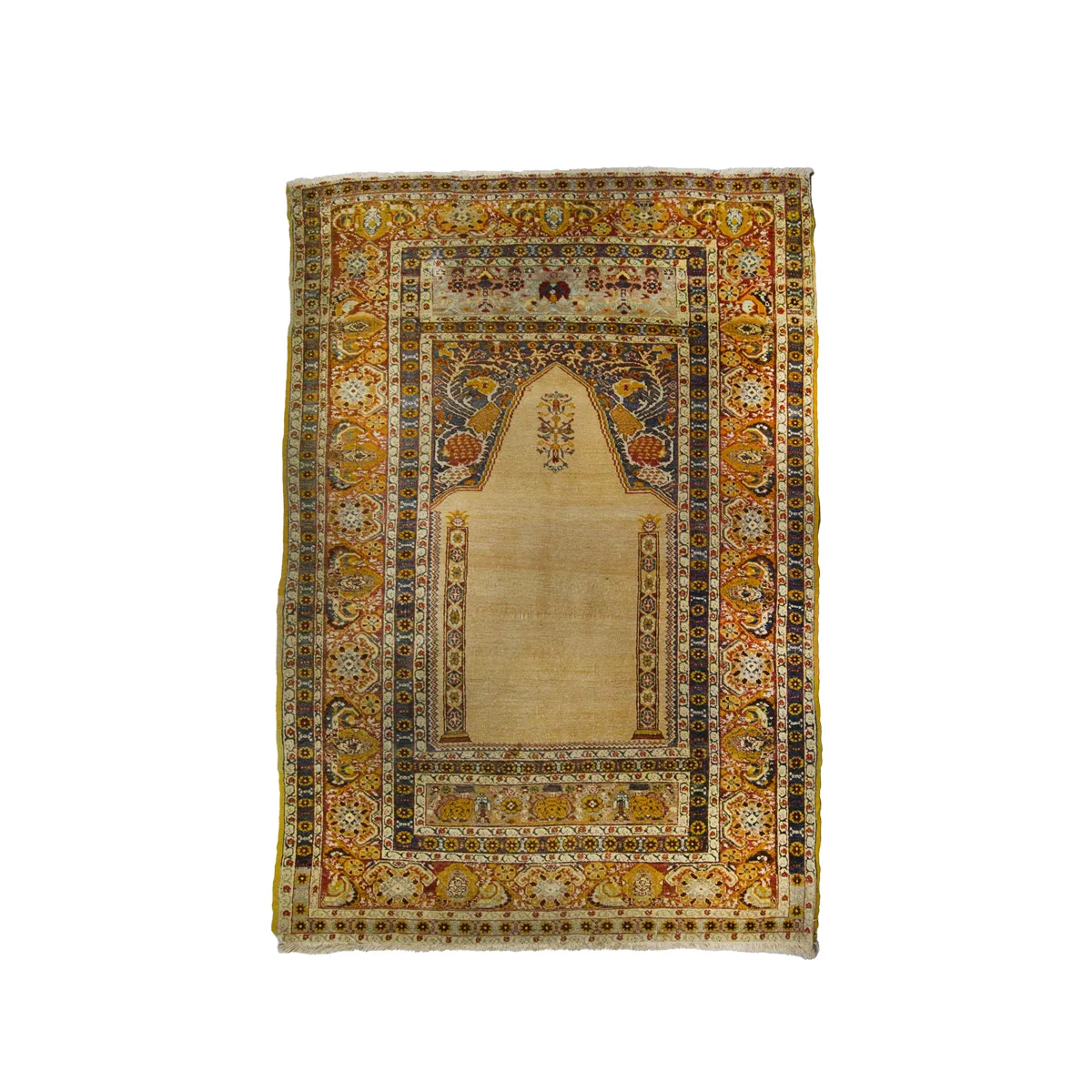 Antique Turkish Area Rug - Frame Pattern Prayer Mat - Beige/Orange Terra Cota/Red - 130x195 cm - 4.26x6.39 ft - TR018322