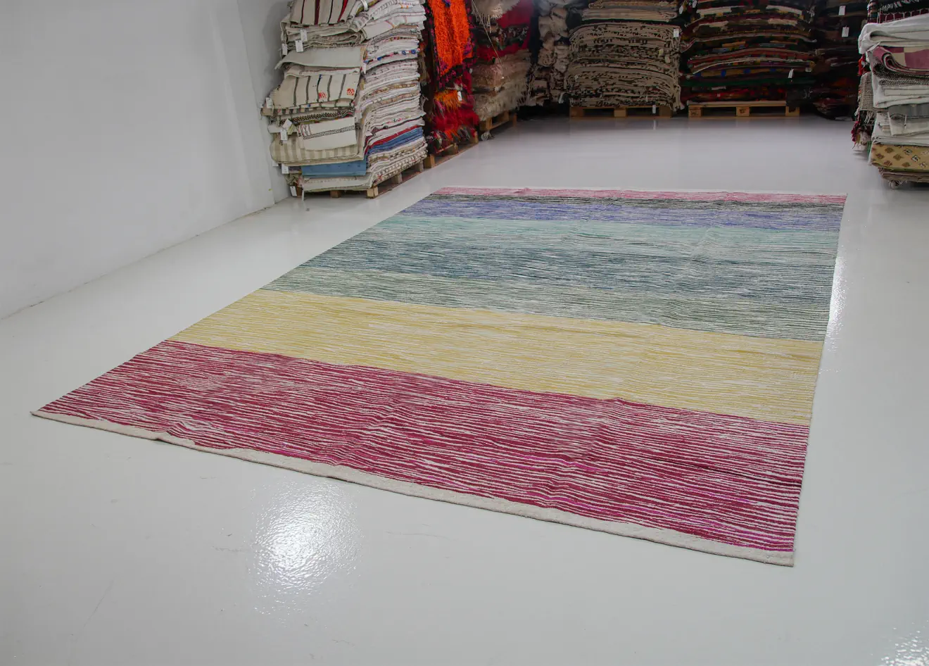 Vibrant Symphony Kilim Rug - Upcycled Yarns, Modern Stripes | 10x13 ft - 300x400 cm | KL250619 7 blue green yellow red large stripes modern design kilim rug