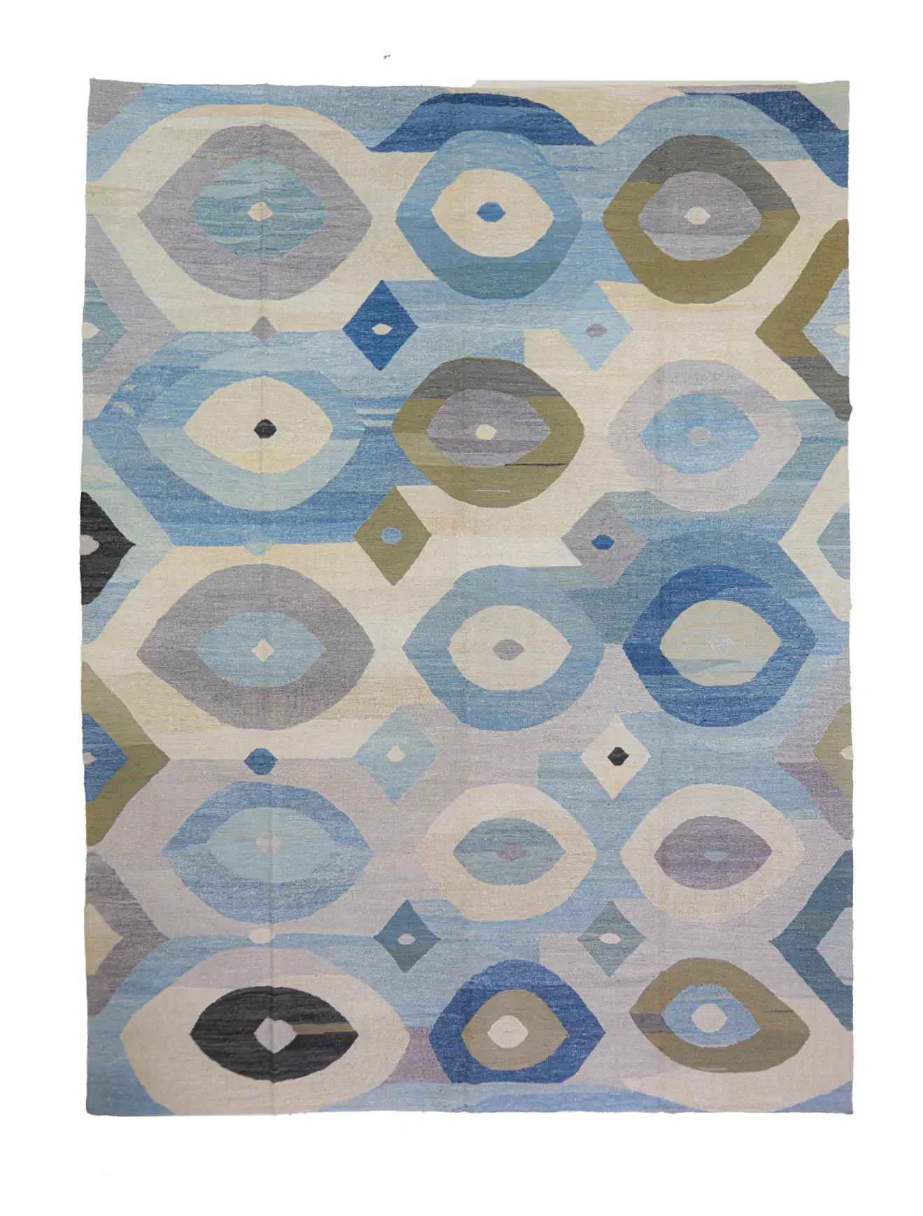 blue green gray abstract rounded patterns handwoven kilim rug