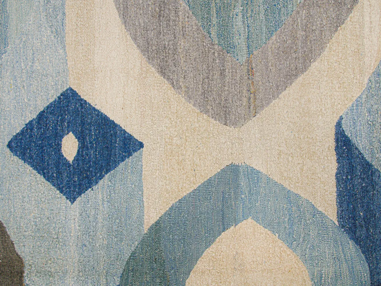 blue green gray abstract rounded patterns handwoven kilim rug