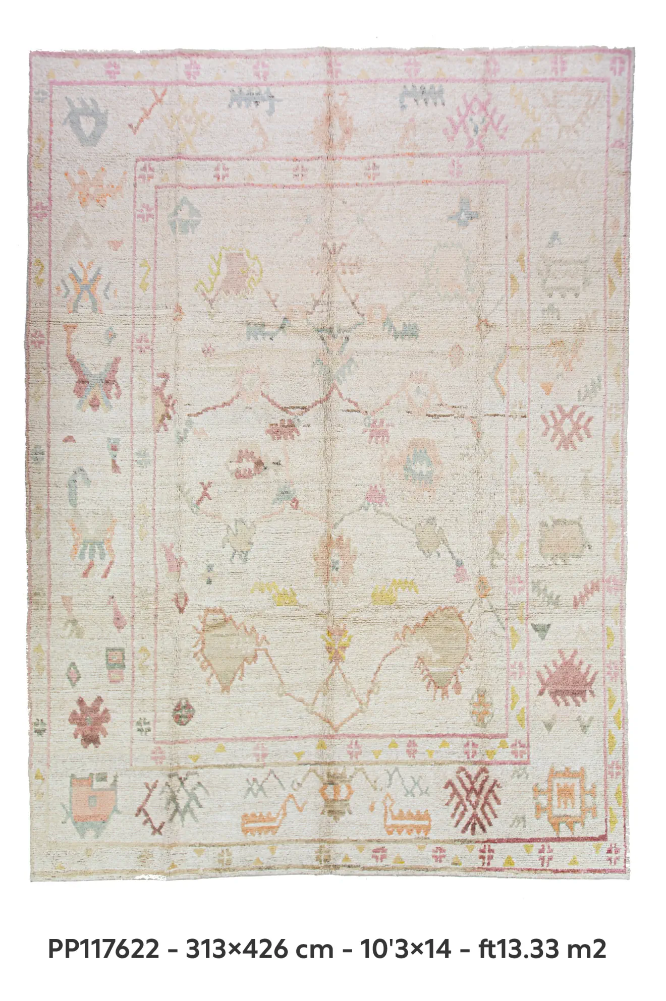 Off white tribal patterns pink blue yellow shades wool pompom rug