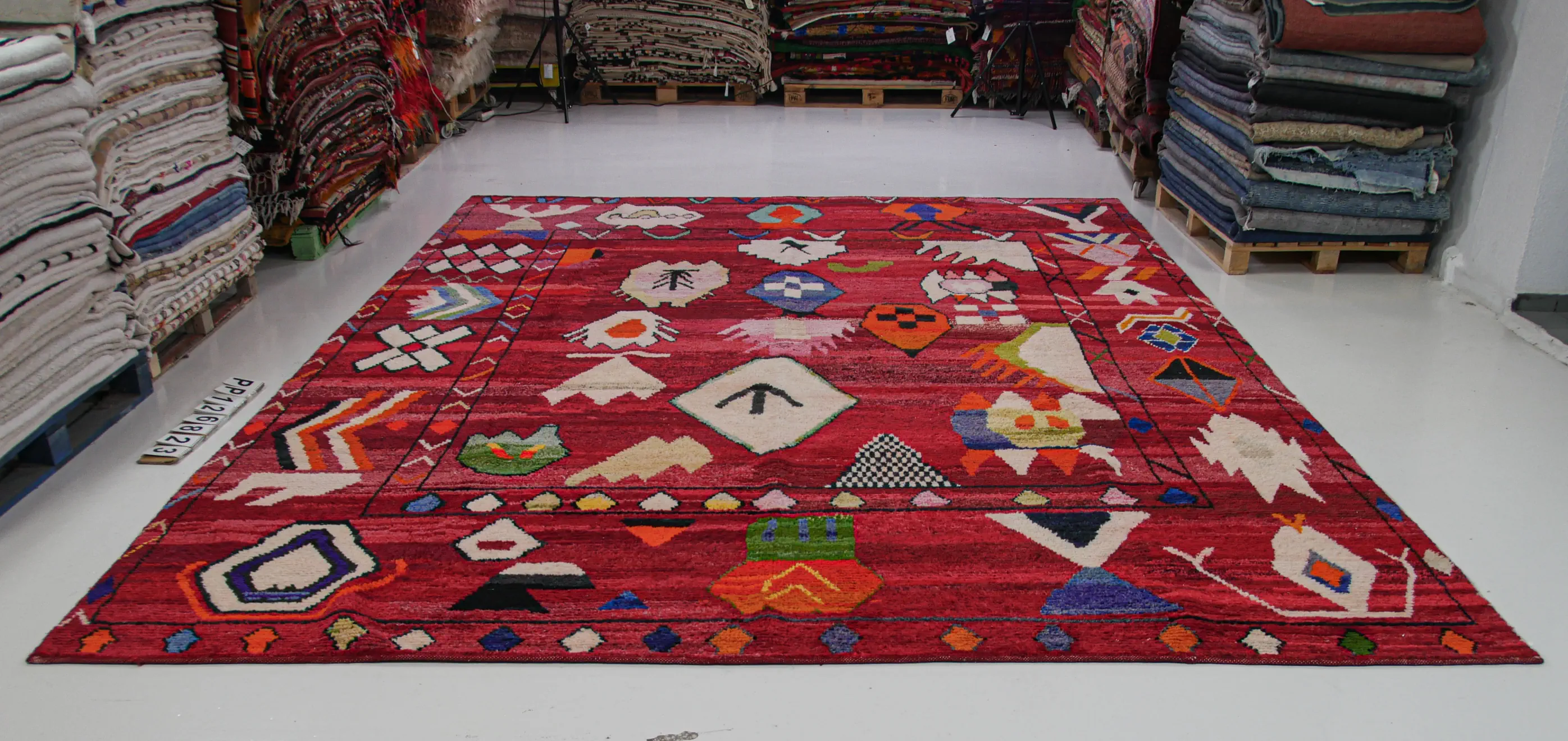 Handmade Large Red Oushak Wool Rug Pompom | 10x14 ft - 300x400 cm | PP126823 4 red color tribal pattern large rug