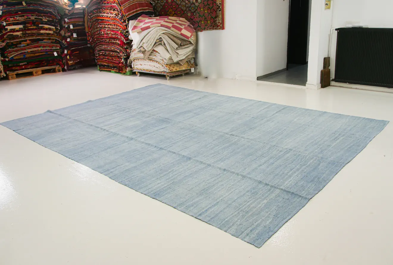 Sky Blue Indigo Pastel Kilim Rug | 9x14 ft - 300x400 cm | KL296723 7 sky blue solid colored indigo kilim rug