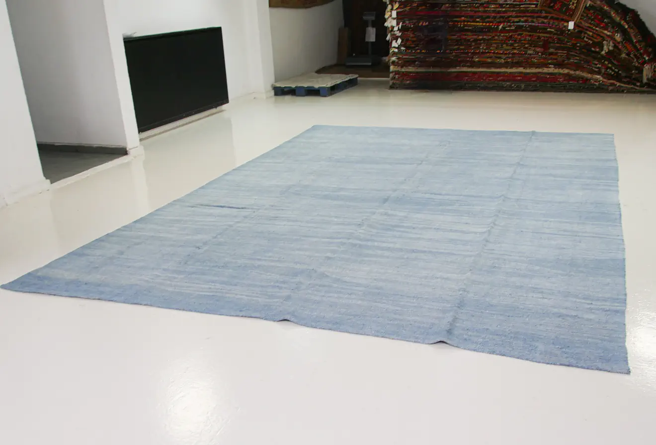 Sky Blue Indigo Pastel Kilim Rug | 9x14 ft - 300x400 cm | KL296723 6 sky blue solid colored indigo kilim rug