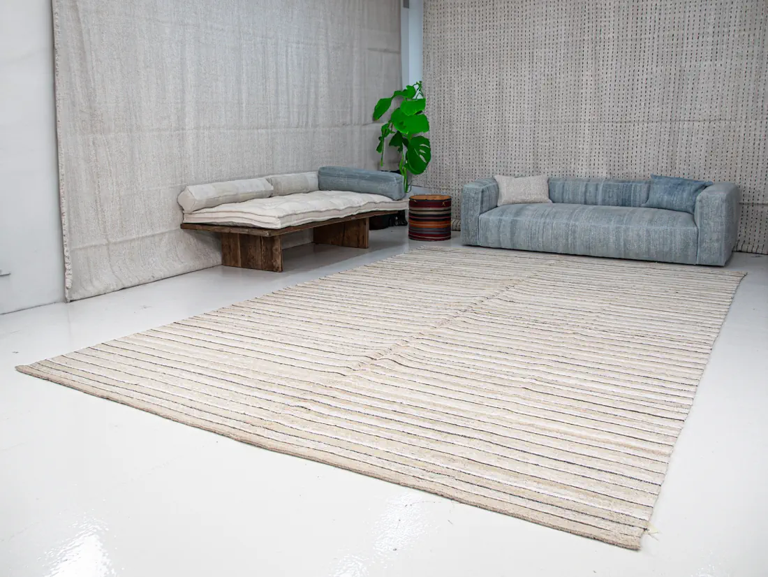Handwoven Striped Beige Brown White Large Soumak Rug 9.5x14 ft | 300x400 cm | SM006018 7 Beige Brown White Striped Soumak Rug