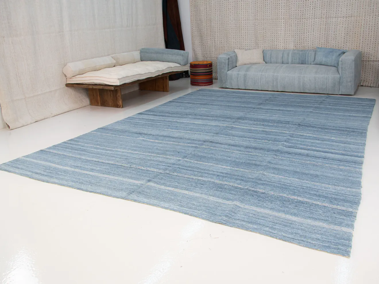 Handwoven Striped Navy Blue Indigo White Large Soumak Rug | 10x14 ft | 300x400 cm | SM009119 7 blue indigo striped large soumak rug