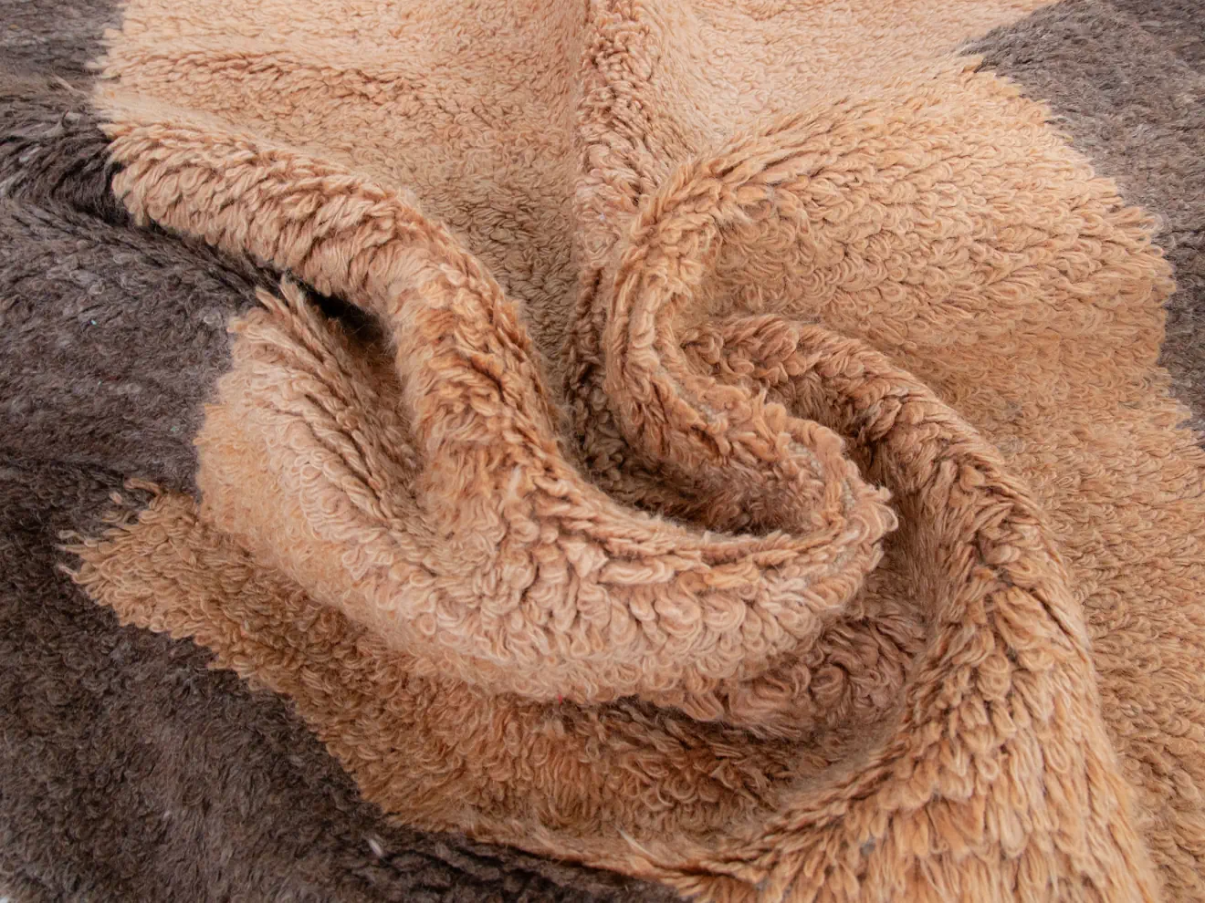 Brown, plain dark beige tone framed high pile tulu rug