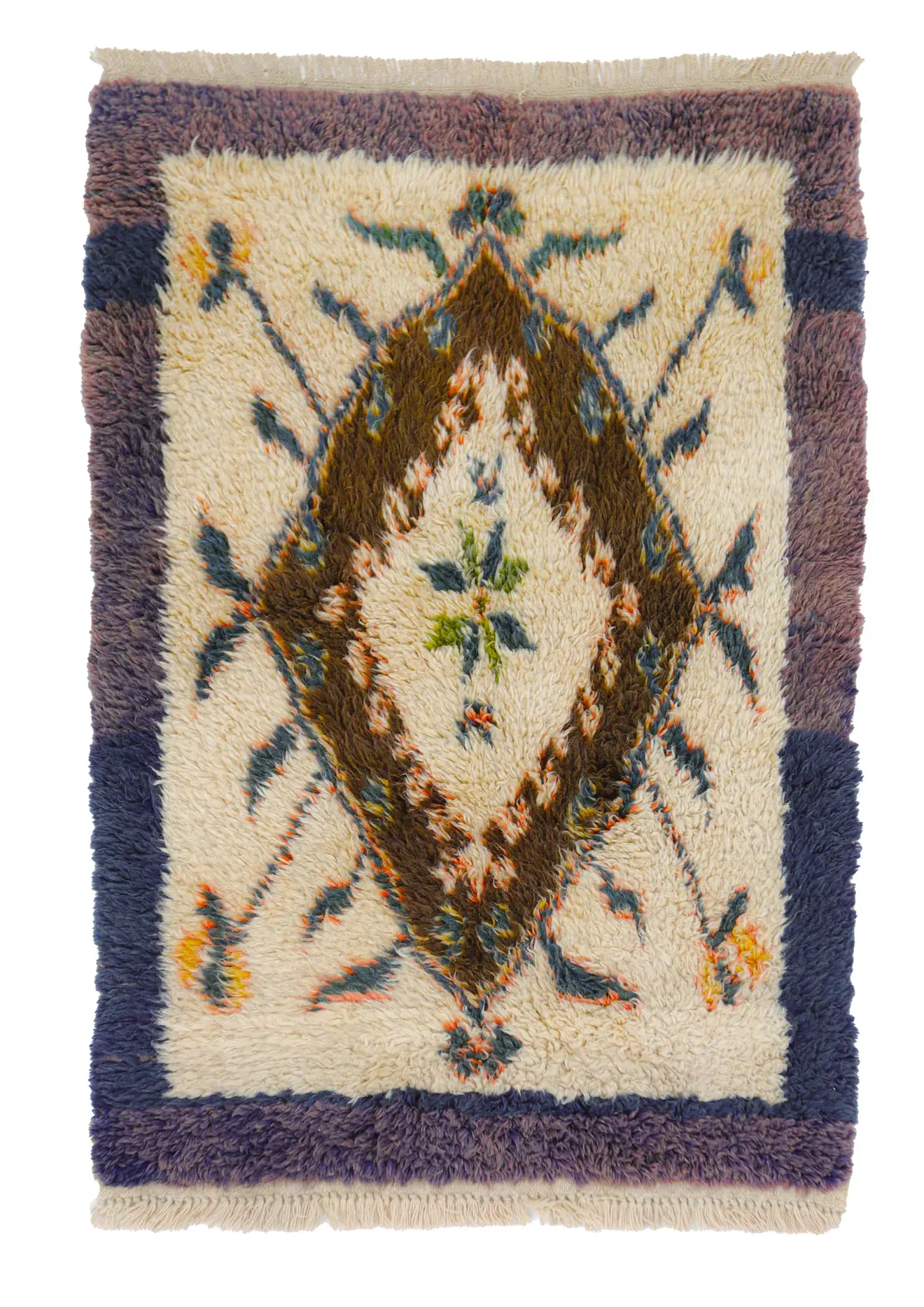 Brown, beige tone navy blue , lilac framed high pile, floral design , diamond pattern tulu rug