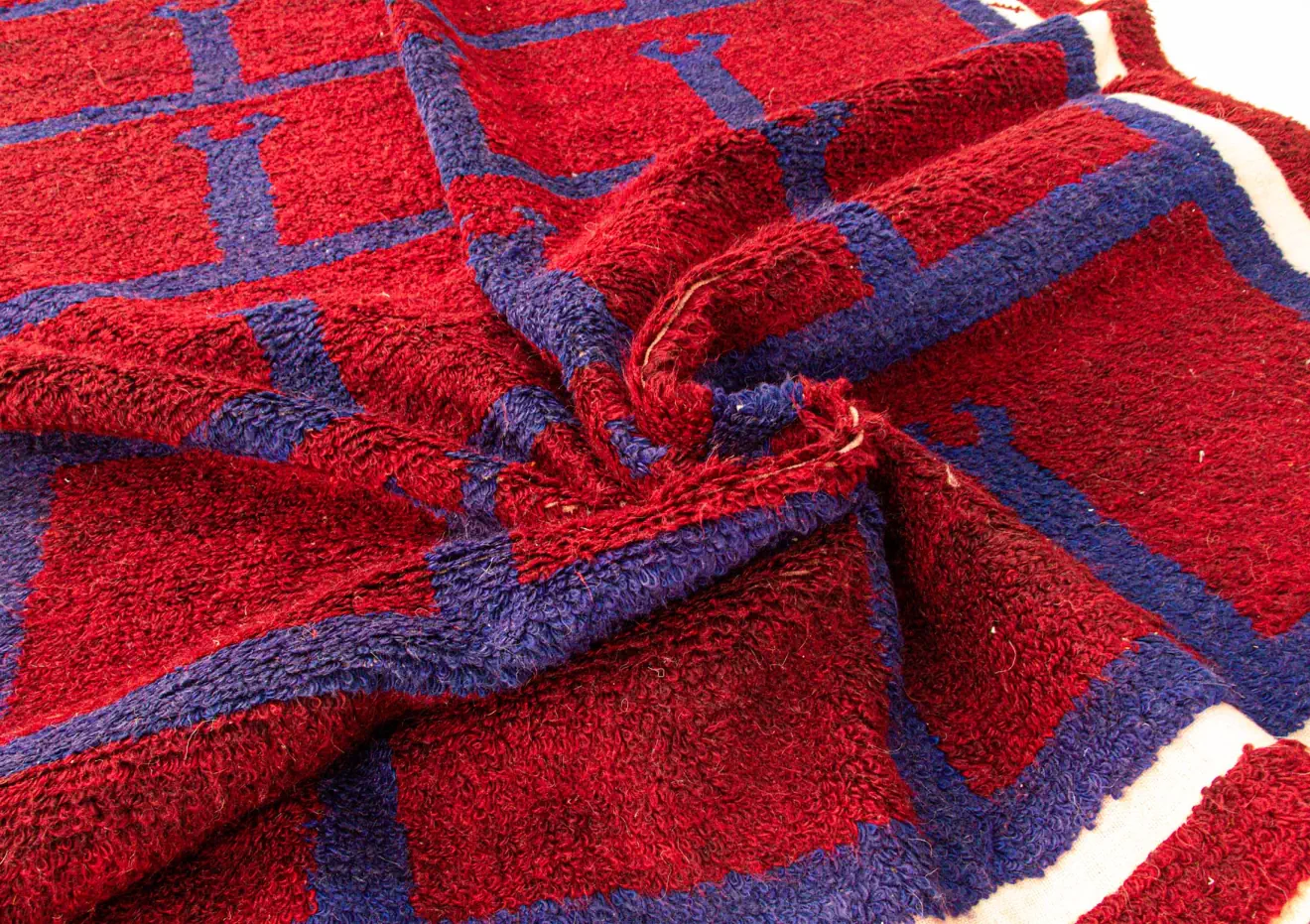 red blue squares geometrical archaic pattern vintage tulu rug