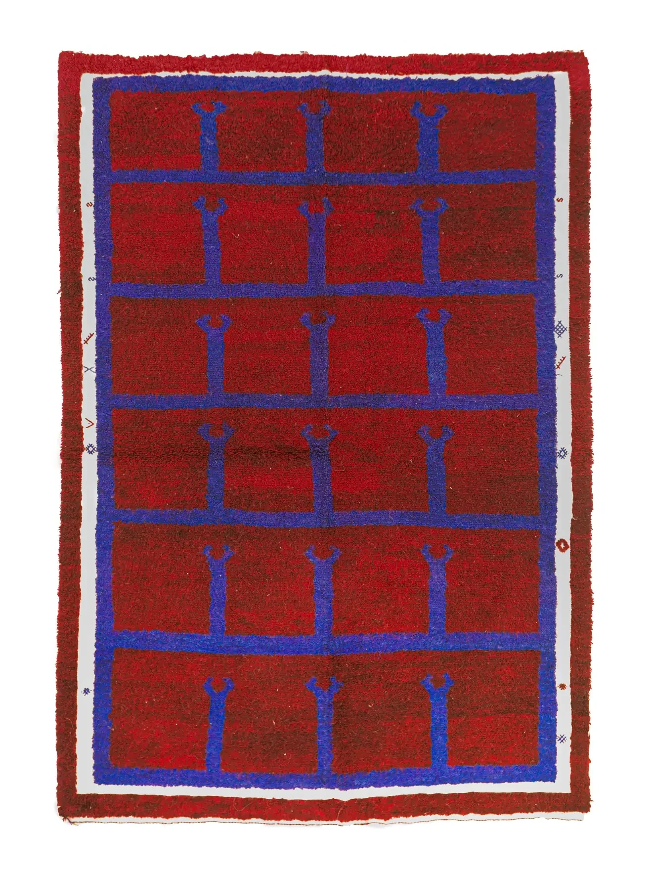 red blue squares geometrical archaic pattern vintage tulu rug