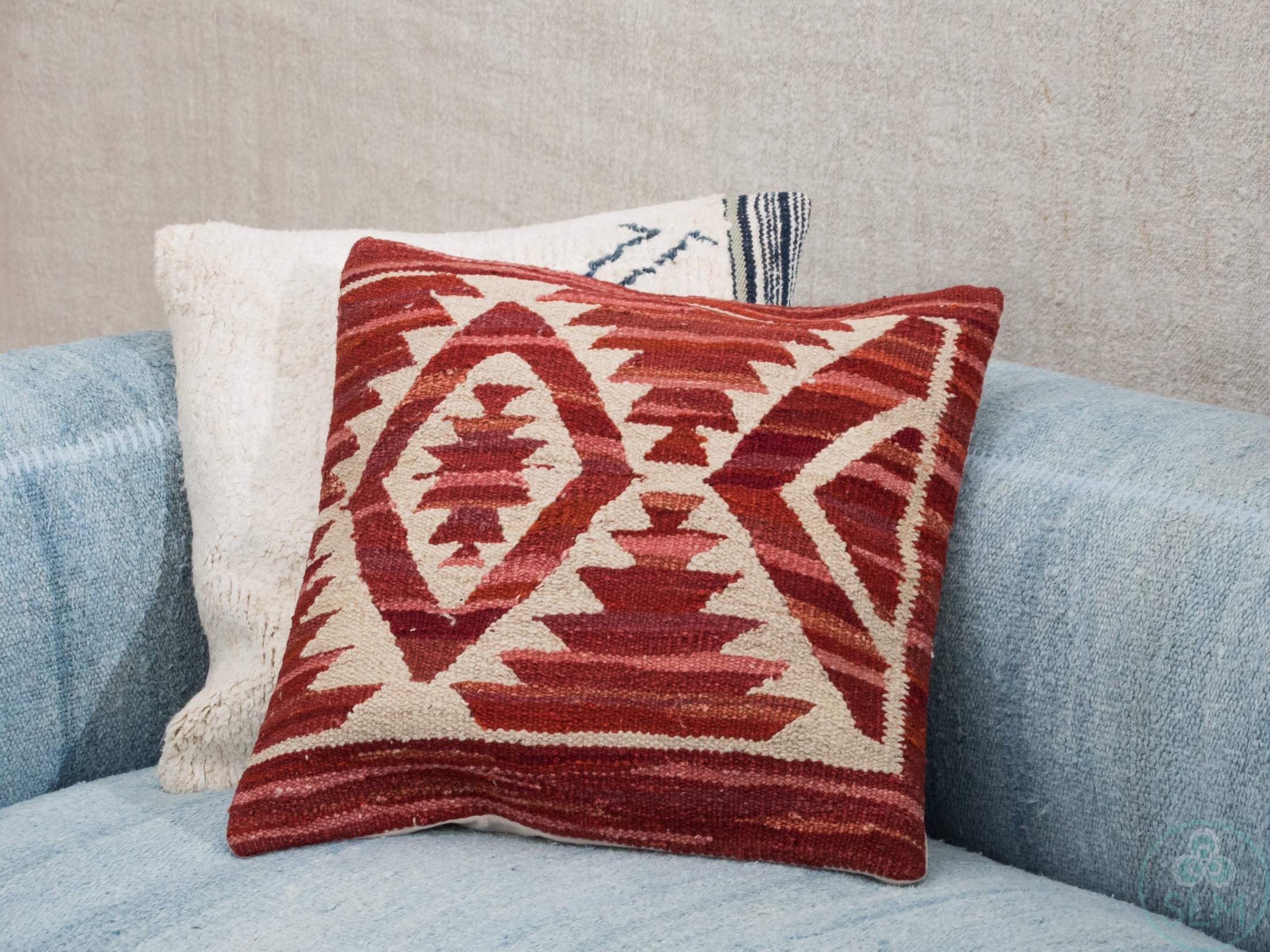 Handwoven Wool Kilim Rug Pillow Cover, Southwestern Style, 20x20, Red-white 15 Handmade hemp cotton jutte throw pillow cover