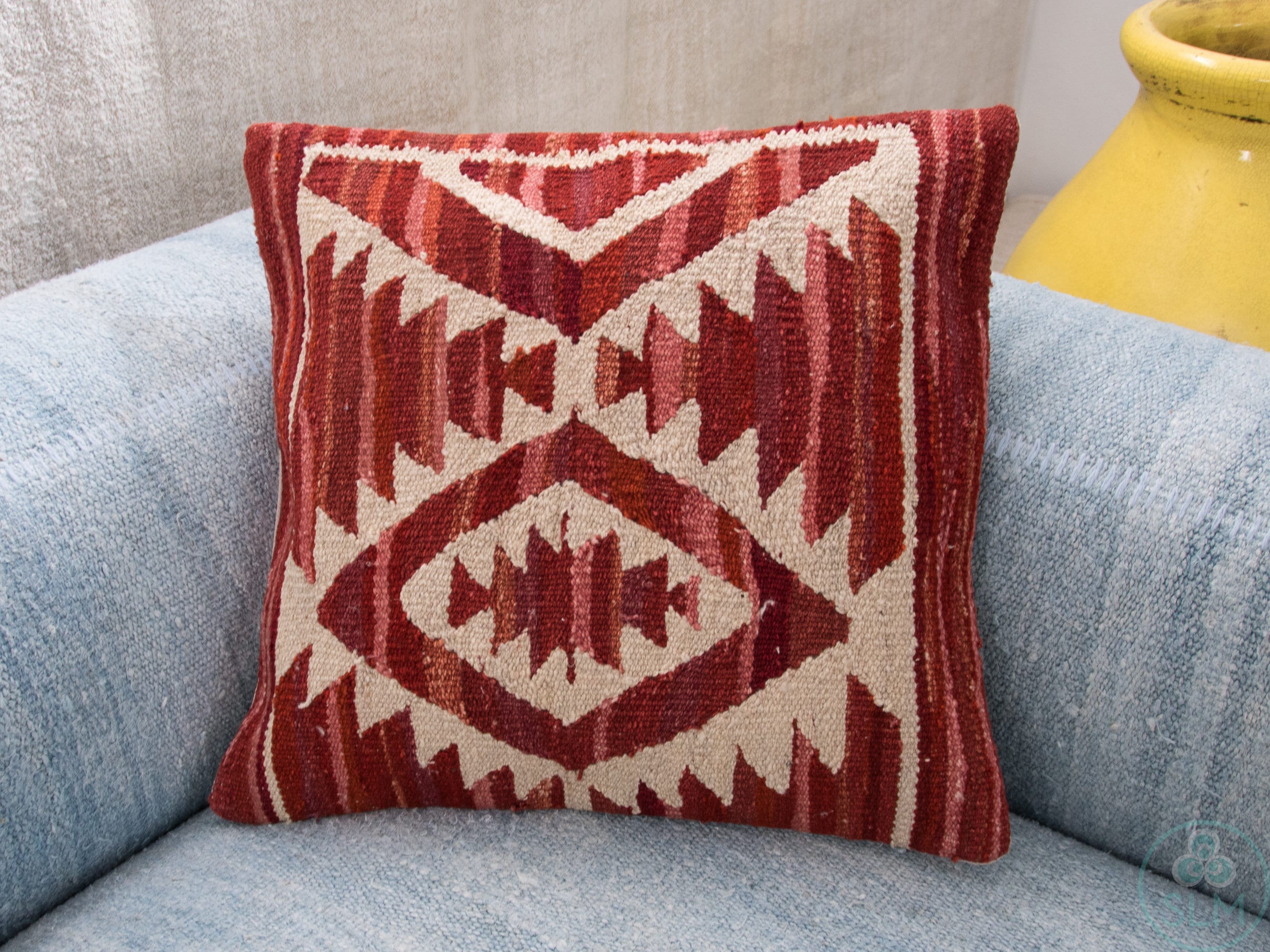 Handwoven Wool Kilim Rug Pillow Cover, Southwestern Style, 20x20, Red-white 5 Handmade hemp cotton jutte throw pillow cover