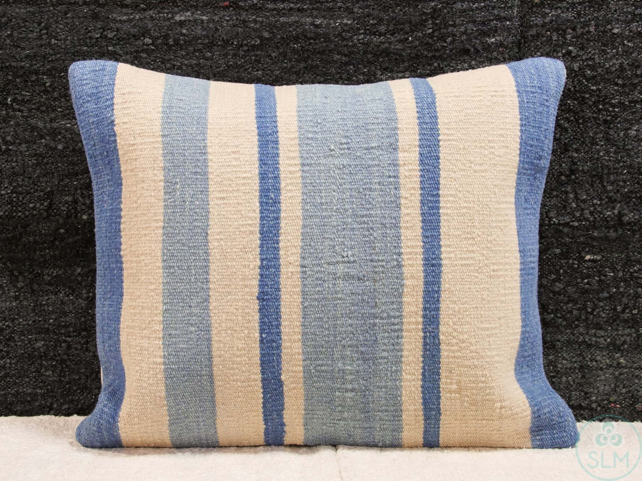 blue striped pillow case Handmade hemp cotton jutte throw pillow cover