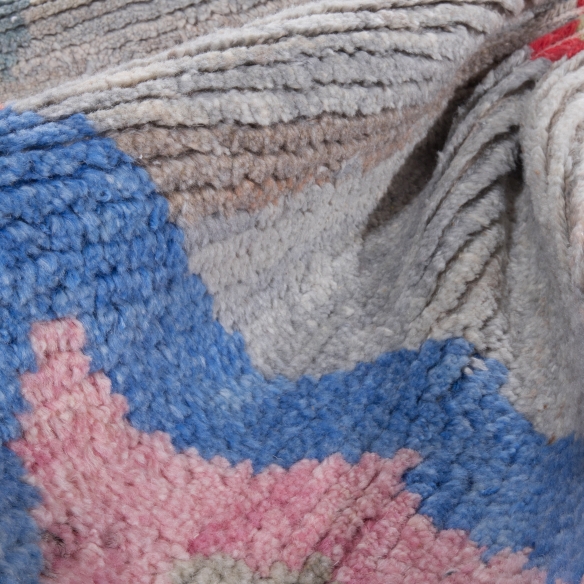 handwoven, vintage wool yarn carpet. stone gray base colorful diamond patterns, high pile, Knotisse design area rug