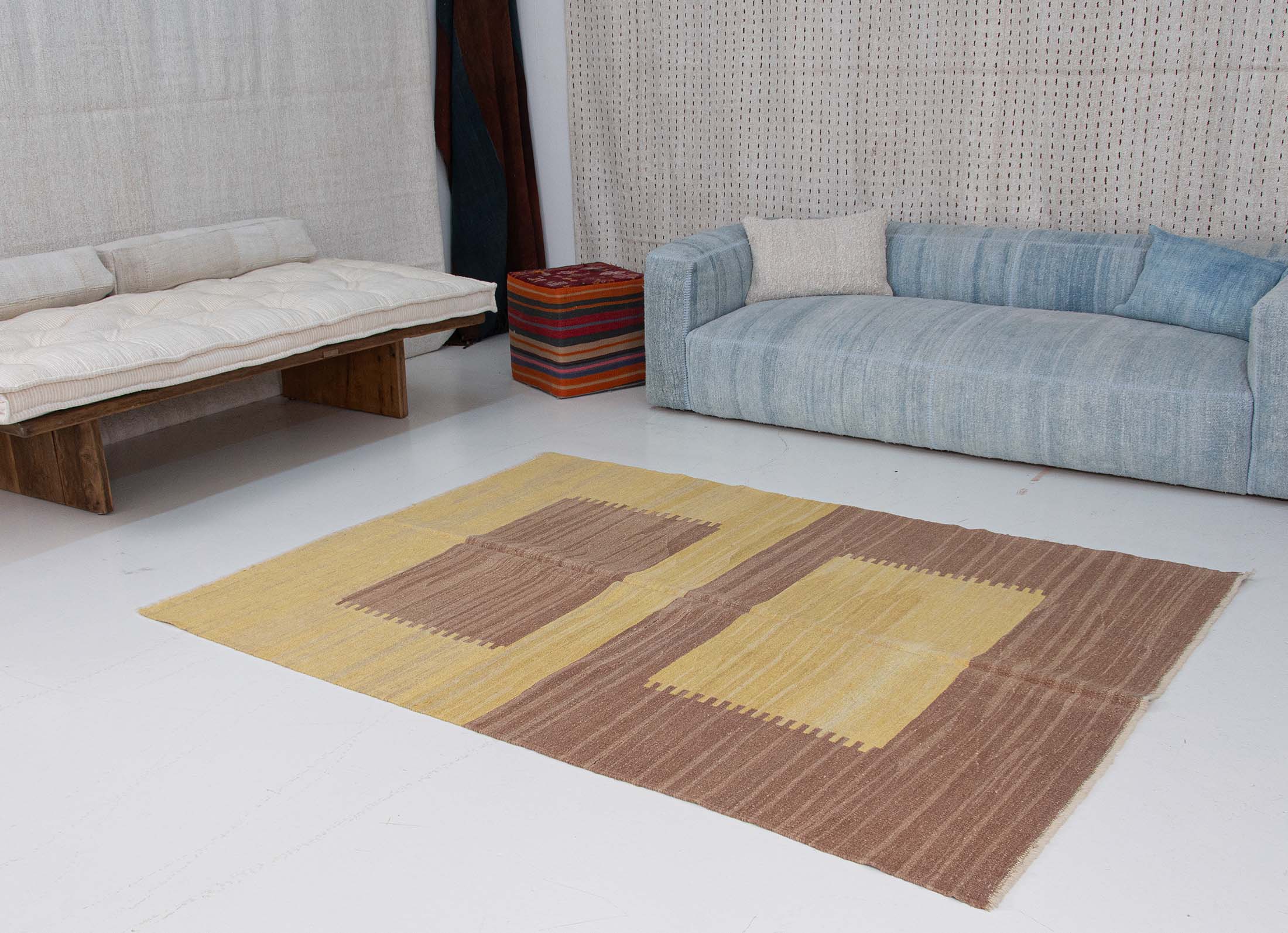 Upcycled Geometric Pattern Wool Kilim Rug Contemporary Style - Yellow Brown Squares | 5'7x7'5 ft - 176x230 cm | KL000305 9 yellow brown geometric kilim handwoven old yarn