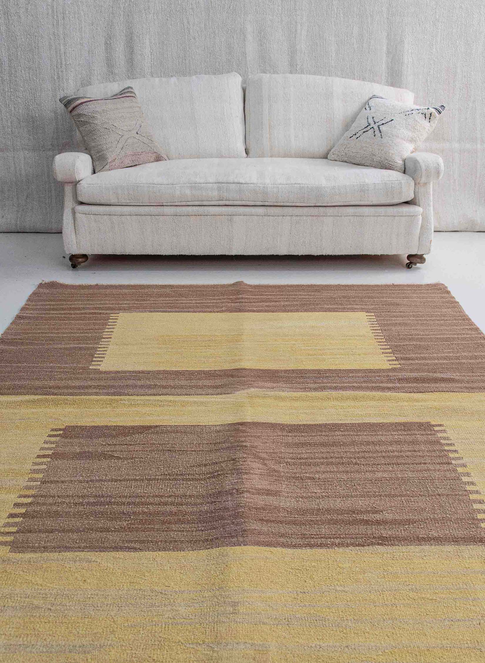 Upcycled Geometric Pattern Wool Kilim Rug Contemporary Style - Yellow Brown Squares | 5'7x7'5 ft - 176x230 cm | KL000305 5 yellow brown geometric kilim handwoven old yarn