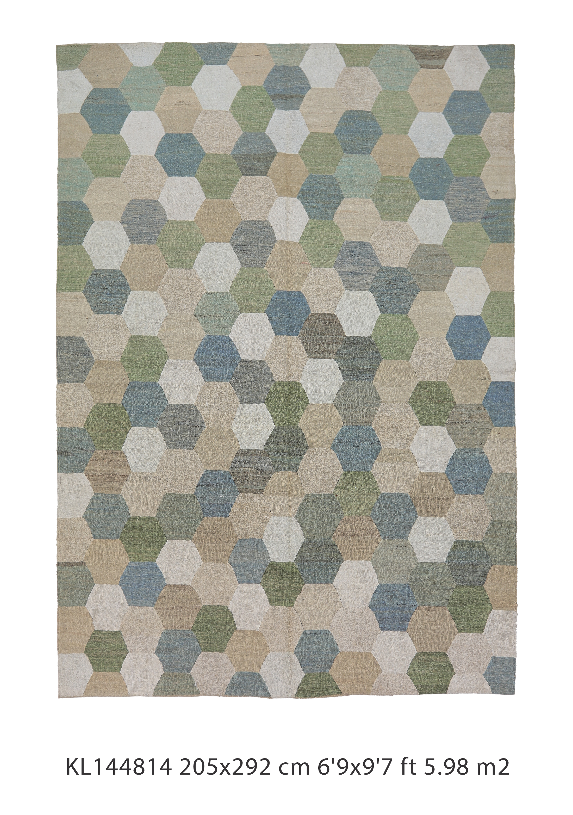 Shades of Green Geometric Hexagone Pattern Wool Kilim Rug. It's handmade from upcycled yarns. Here are the details: Size: 205x292 cm 6'9x9'7 ft, covering an area of 6 m² Pattern: Hexagone geometric pattern Style: The style is contemporary, characterized by clean lines and modern aesthetics. Colors: Shades of green beige and brown The edges of the rug are neatly finished, indicating good craftsmanship.
