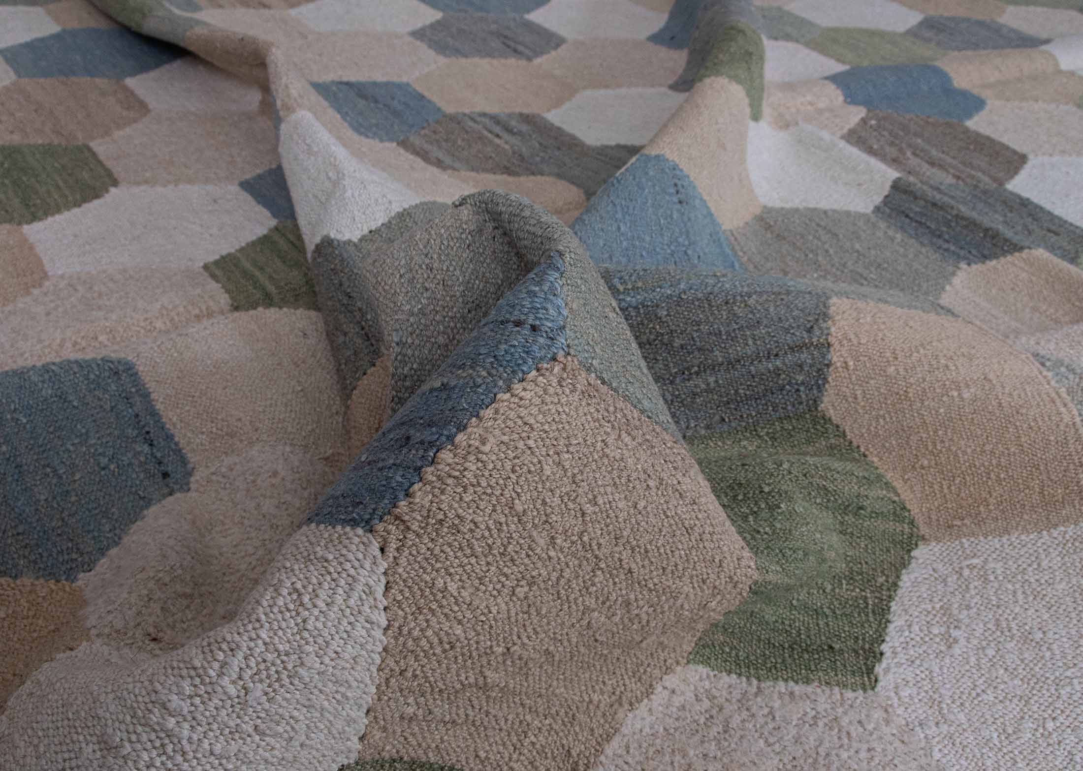 geometric pattern shades of green color kilim rug