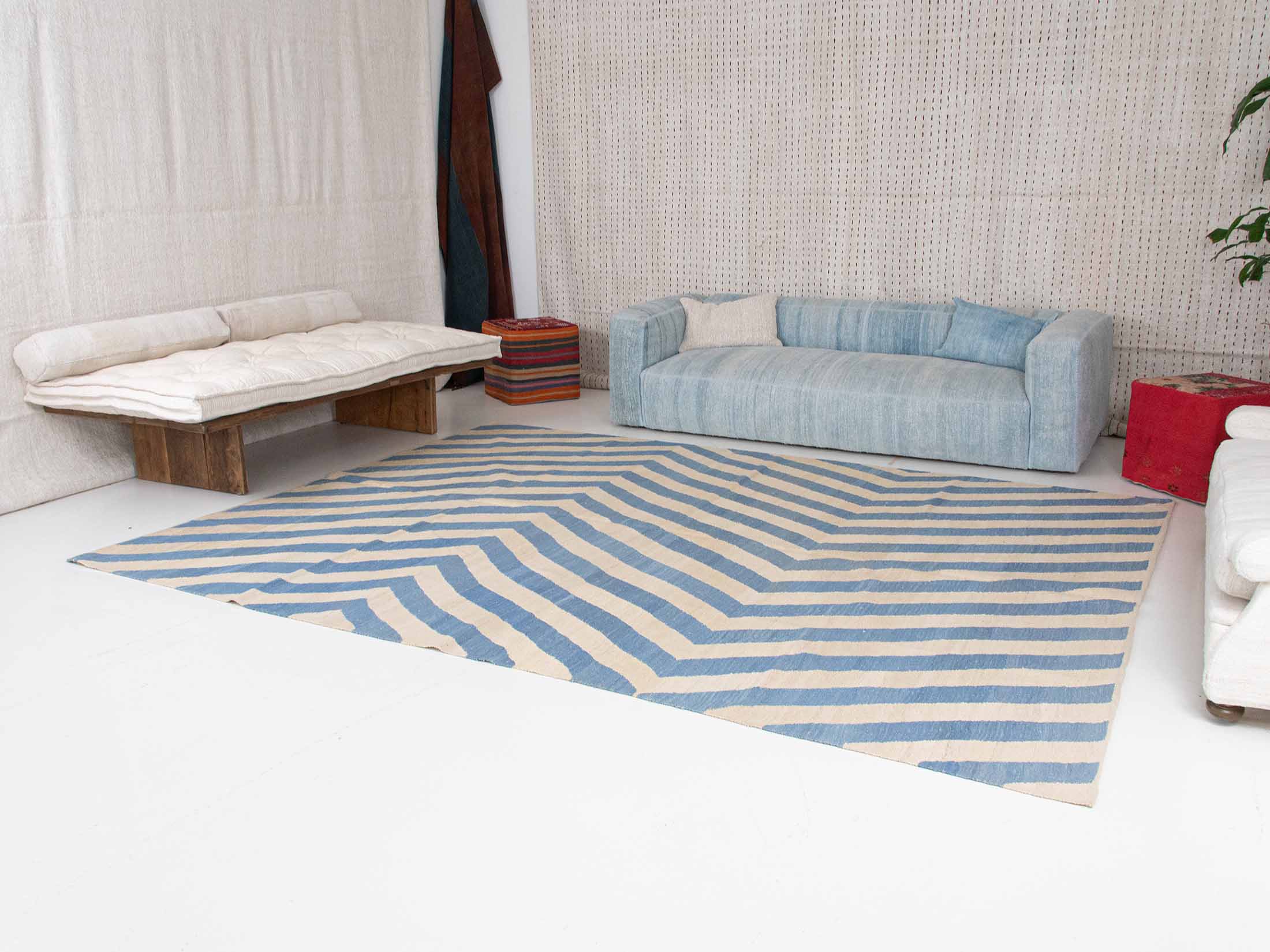Eye-catching Chevron Pattern Blue Beige Wool Kilim Rug | 271x350 cm - 8'10x11'6 ft | KL200616 7 chevron pattern blue beige hemp kilim