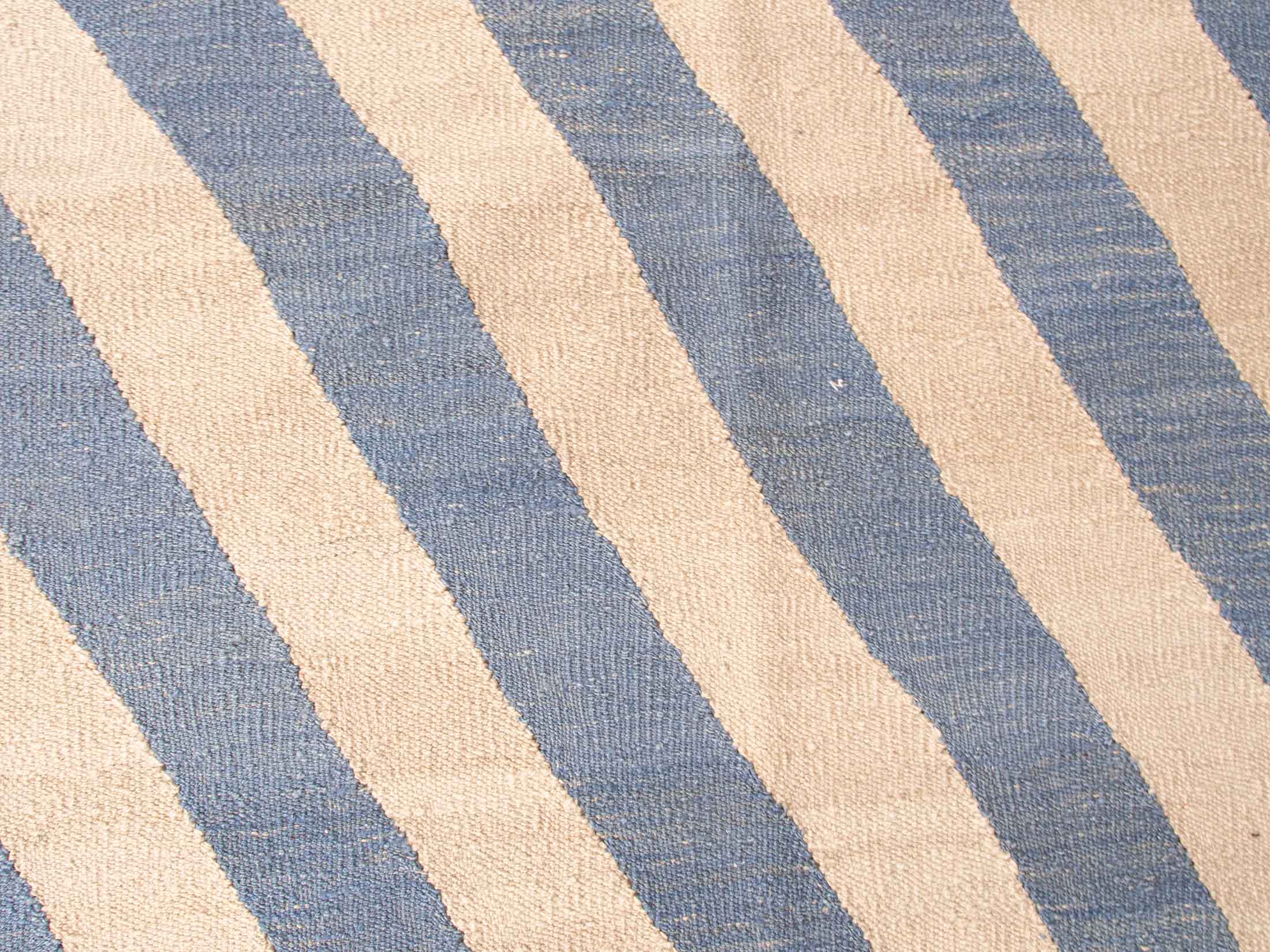 Eye-catching Chevron Pattern Blue Beige Wool Kilim Rug | 271x350 cm - 8'10x11'6 ft | KL200616 6 chevron pattern blue beige hemp kilim