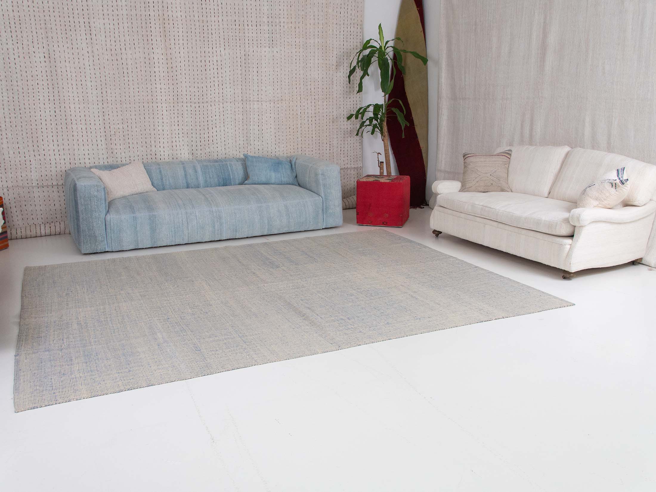 Solid Color Blue Beige Wool Kilim Rug | 255x324 cm - 8’4" x 10’7" ft | KL201016 7 tight, intricate weave with subtle variations in color, including shades of grey and hints of blue