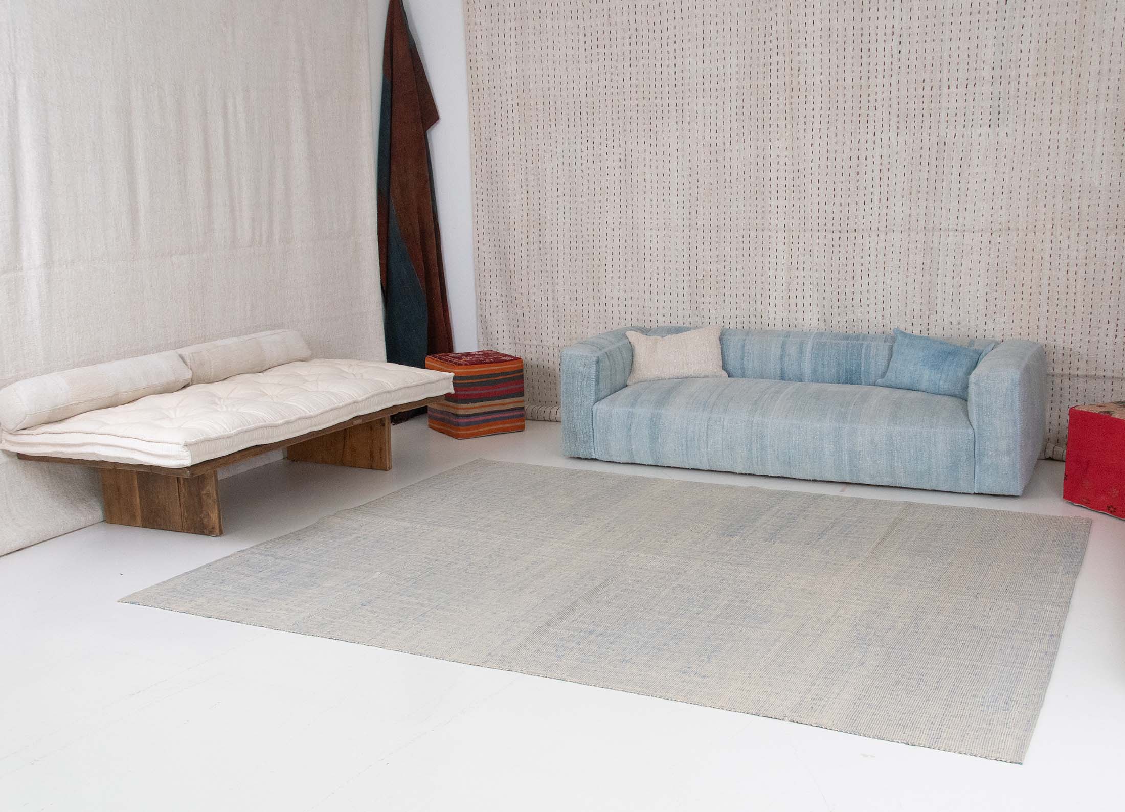 Solid Color Blue Beige Wool Kilim Rug | 255x324 cm - 8’4" x 10’7" ft | KL201016 8 tight, intricate weave with subtle variations in color, including shades of grey and hints of blue