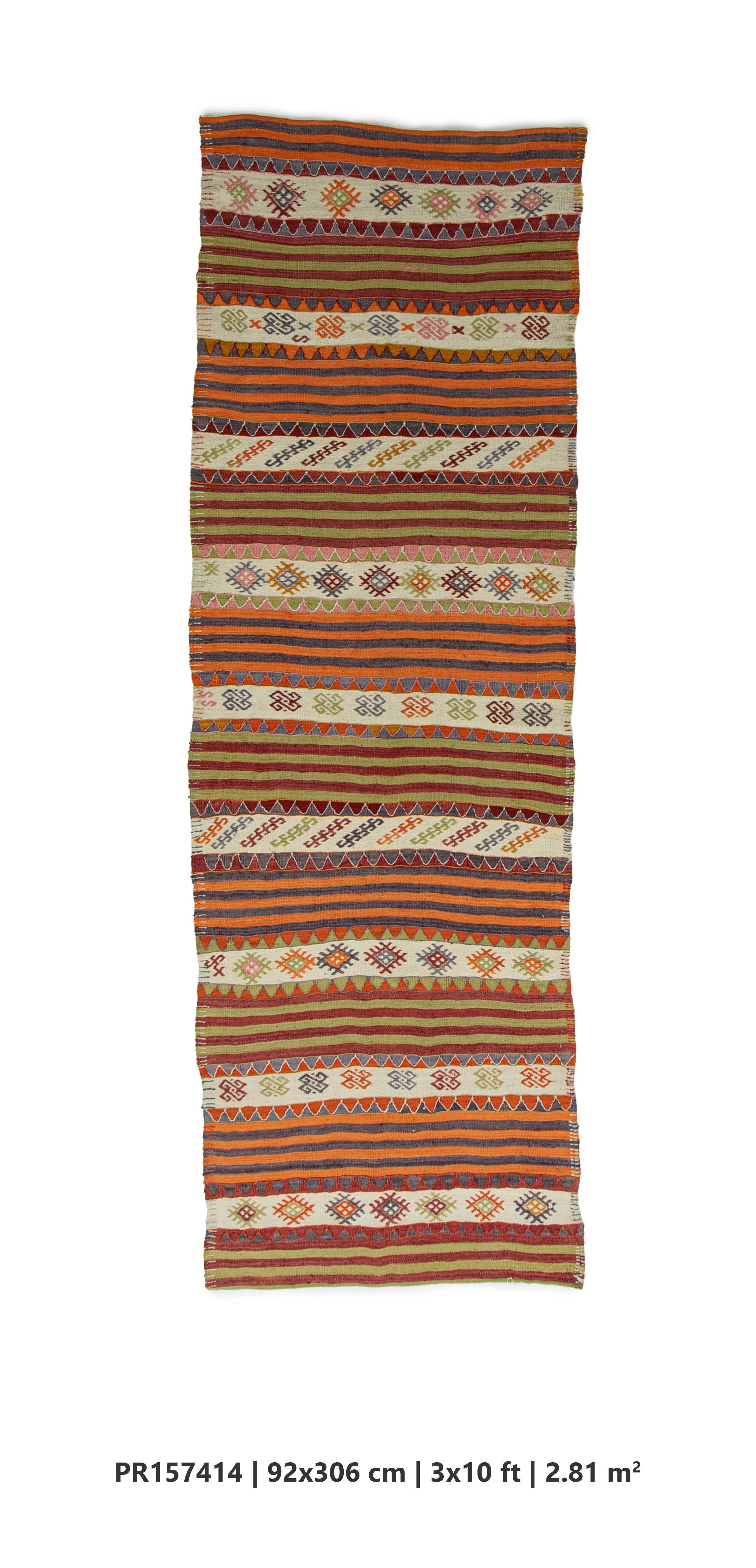 Vintage Anatolian Kilim Runner with Stripes | 3x10 ft 92x306 cm | PR157414 3 anatolian vintage wool kilim runner striped