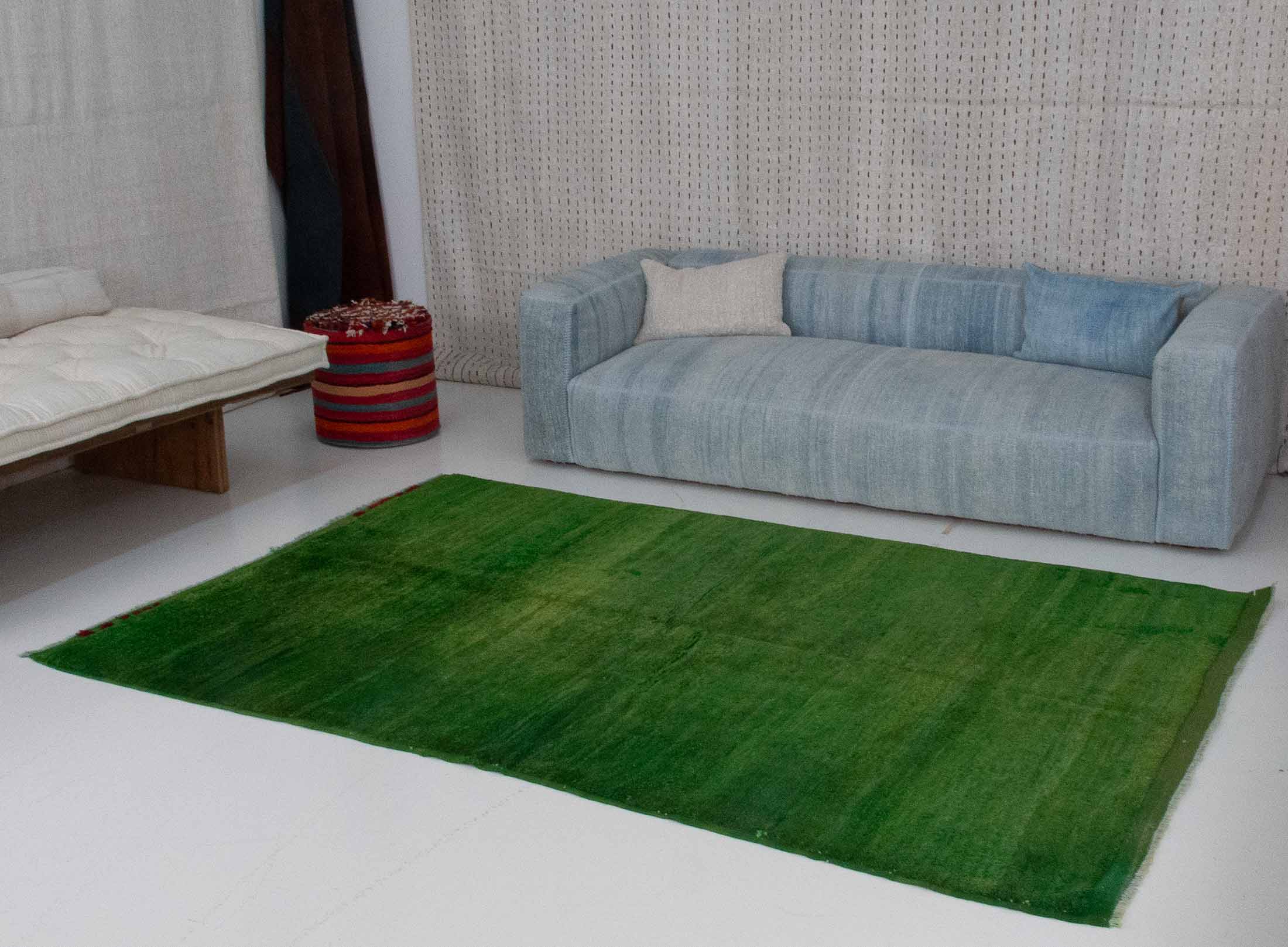 Vibrant Solid Green Color Area Rug - Handwoven | 183x271 cm 6x8'11 ft | PR497322 6 vibrant green solid color handwoven vintage rug with a thin red frame