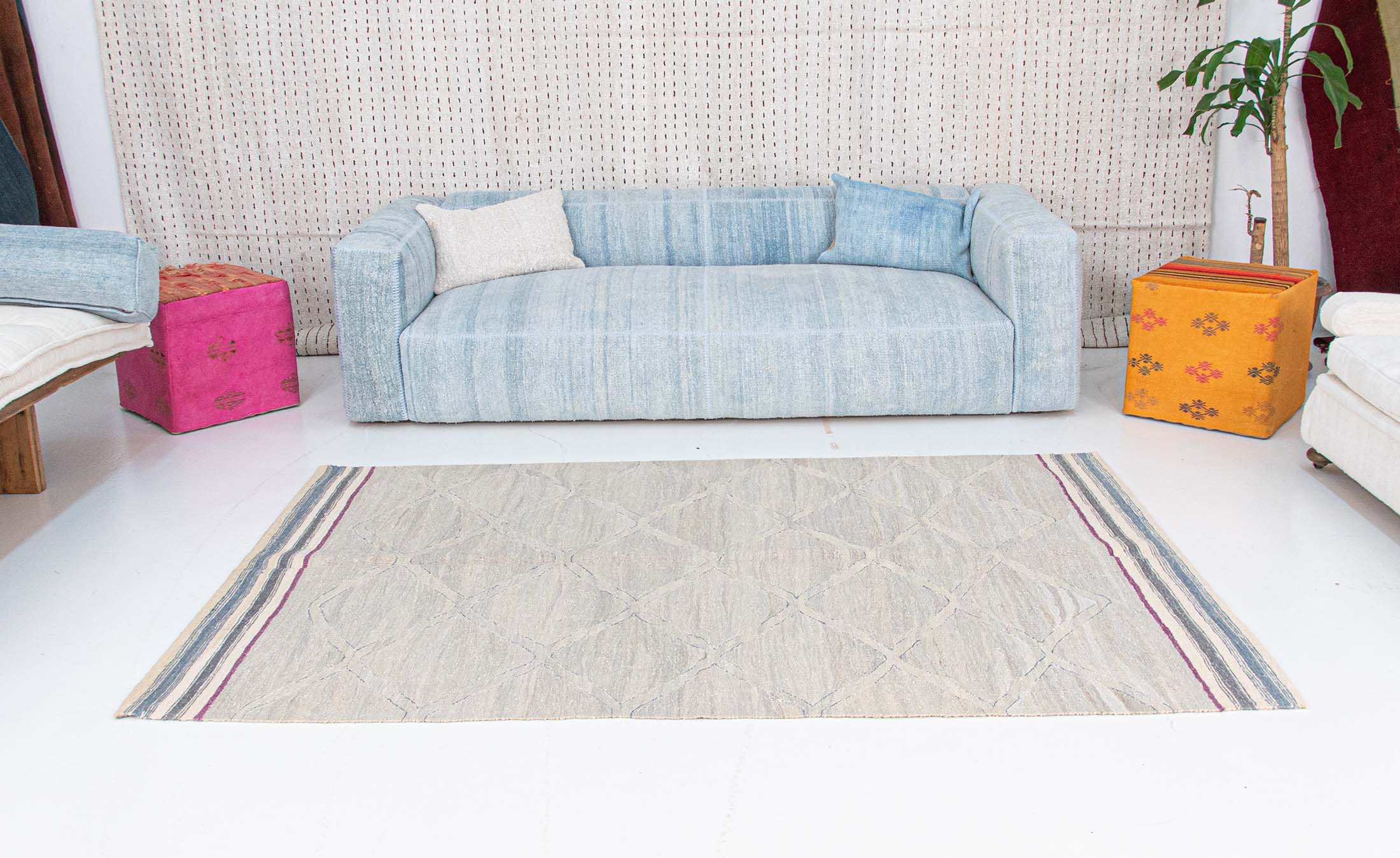 Old Yarn Kilim Rug with shades of Fainted Blue and stripes | 153x237 cm - 5x7'9 ft | KL270621 10 Upcycled Handmade Kelim Kilim Rug with red white blue stripes