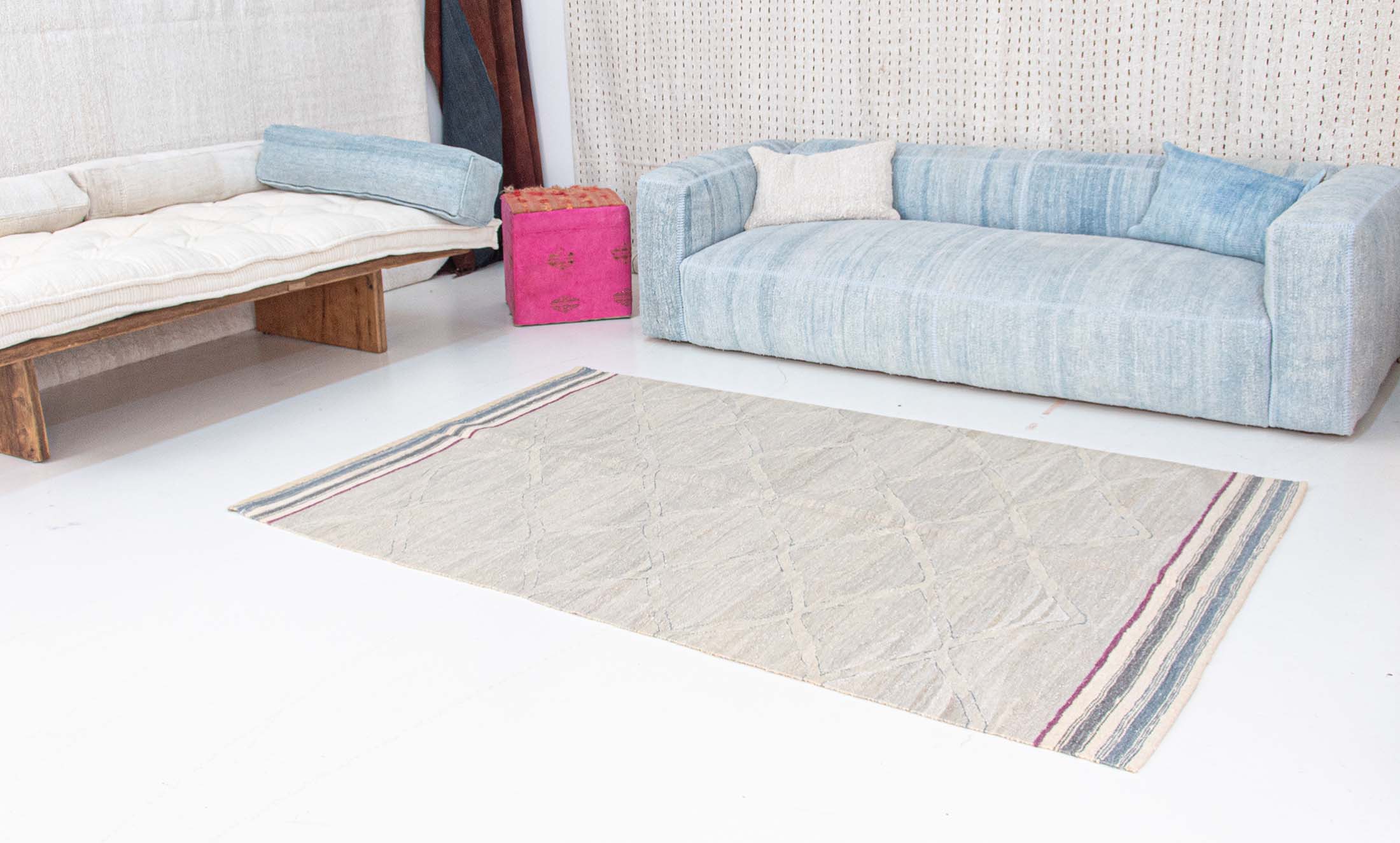 Old Yarn Kilim Rug with shades of Fainted Blue and stripes | 153x237 cm - 5x7'9 ft | KL270621 7 Upcycled Handmade Kelim Kilim Rug with red white blue stripes