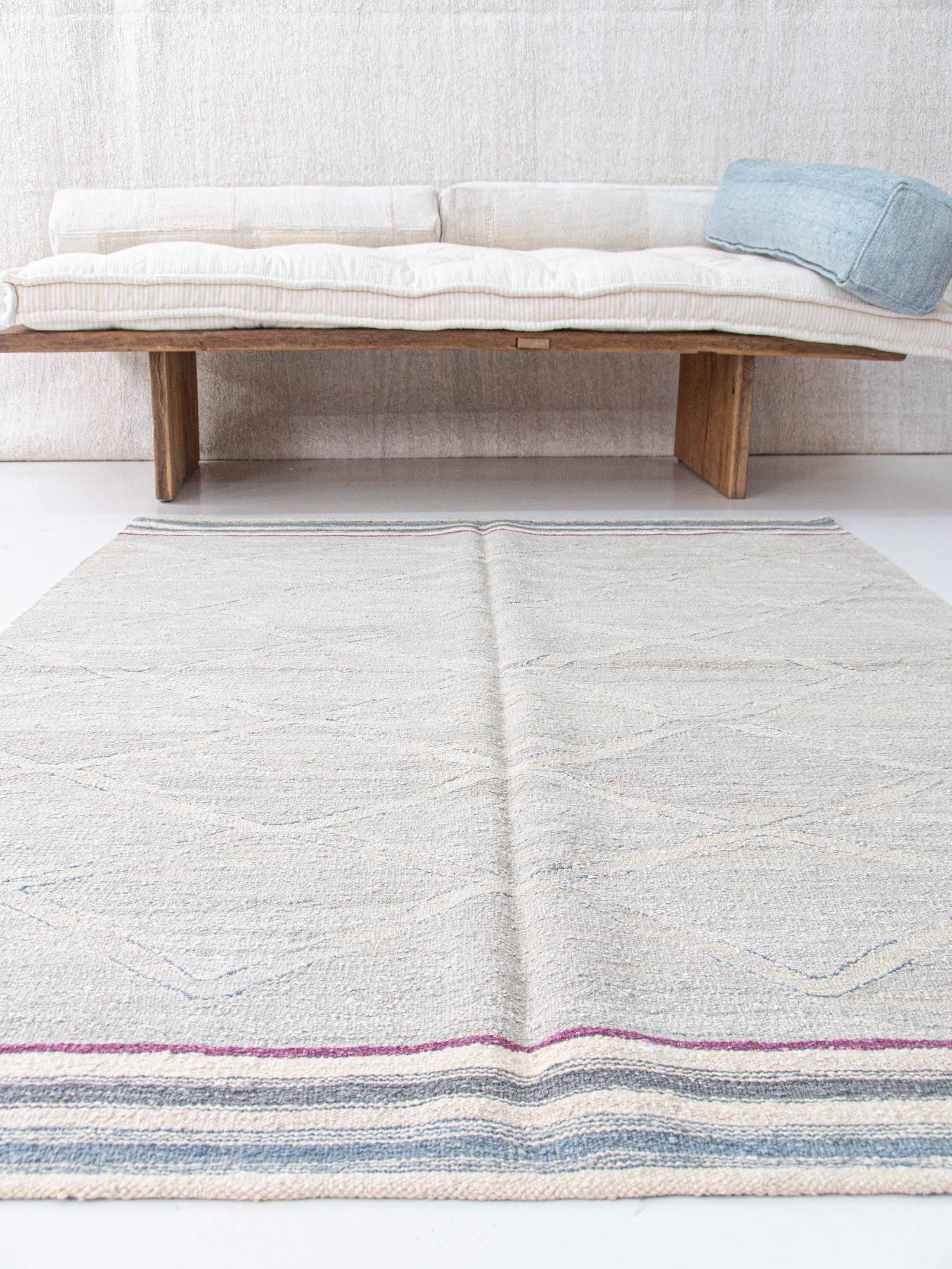 Old Yarn Kilim Rug with shades of Fainted Blue and stripes | 153x237 cm - 5x7'9 ft | KL270621 5 Upcycled Handmade Kelim Kilim Rug with red white blue stripes