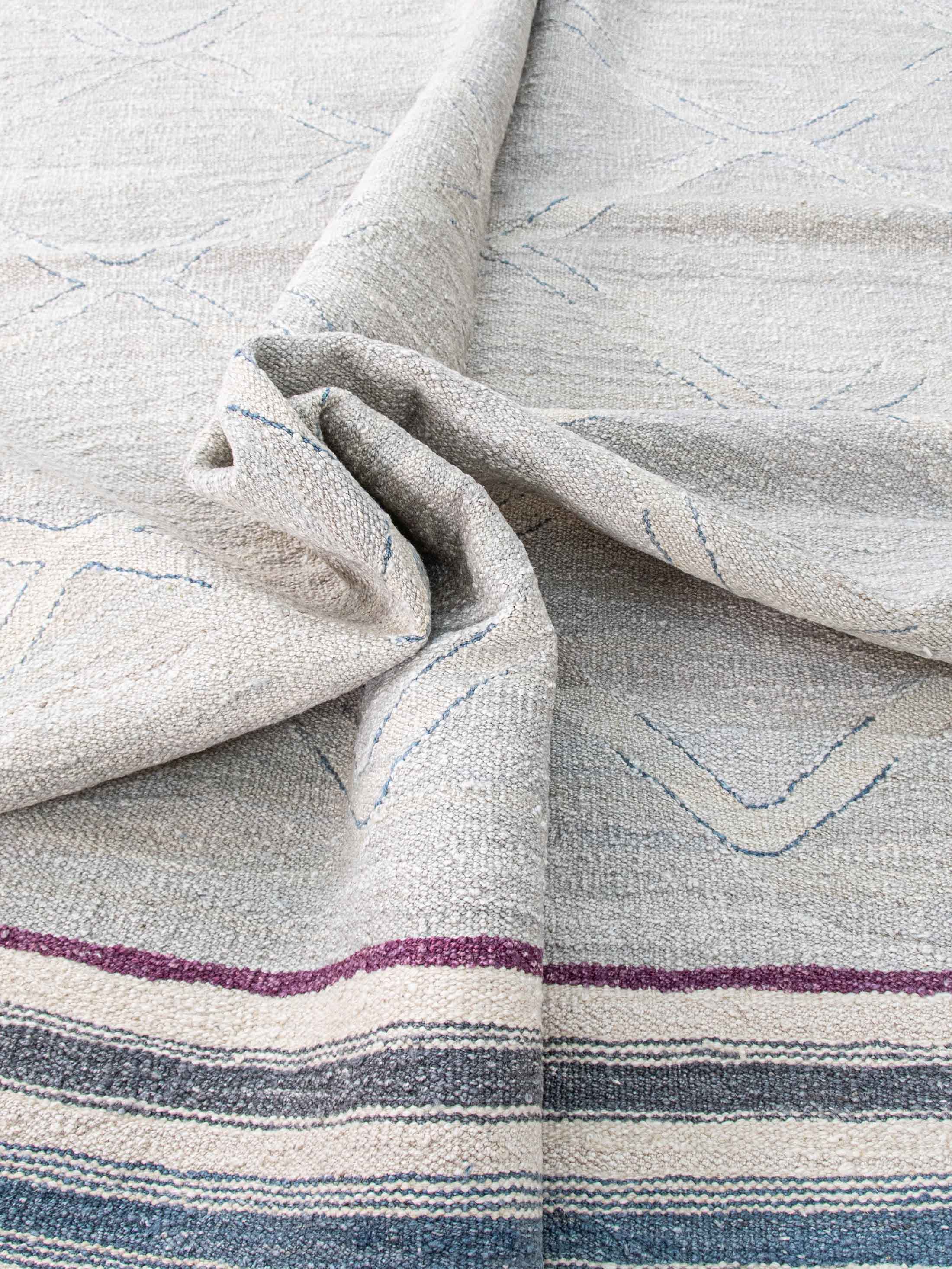 Old Yarn Kilim Rug with shades of Fainted Blue and stripes | 153x237 cm - 5x7'9 ft | KL270621 4 Upcycled Handmade Kelim Kilim Rug with red white blue stripes