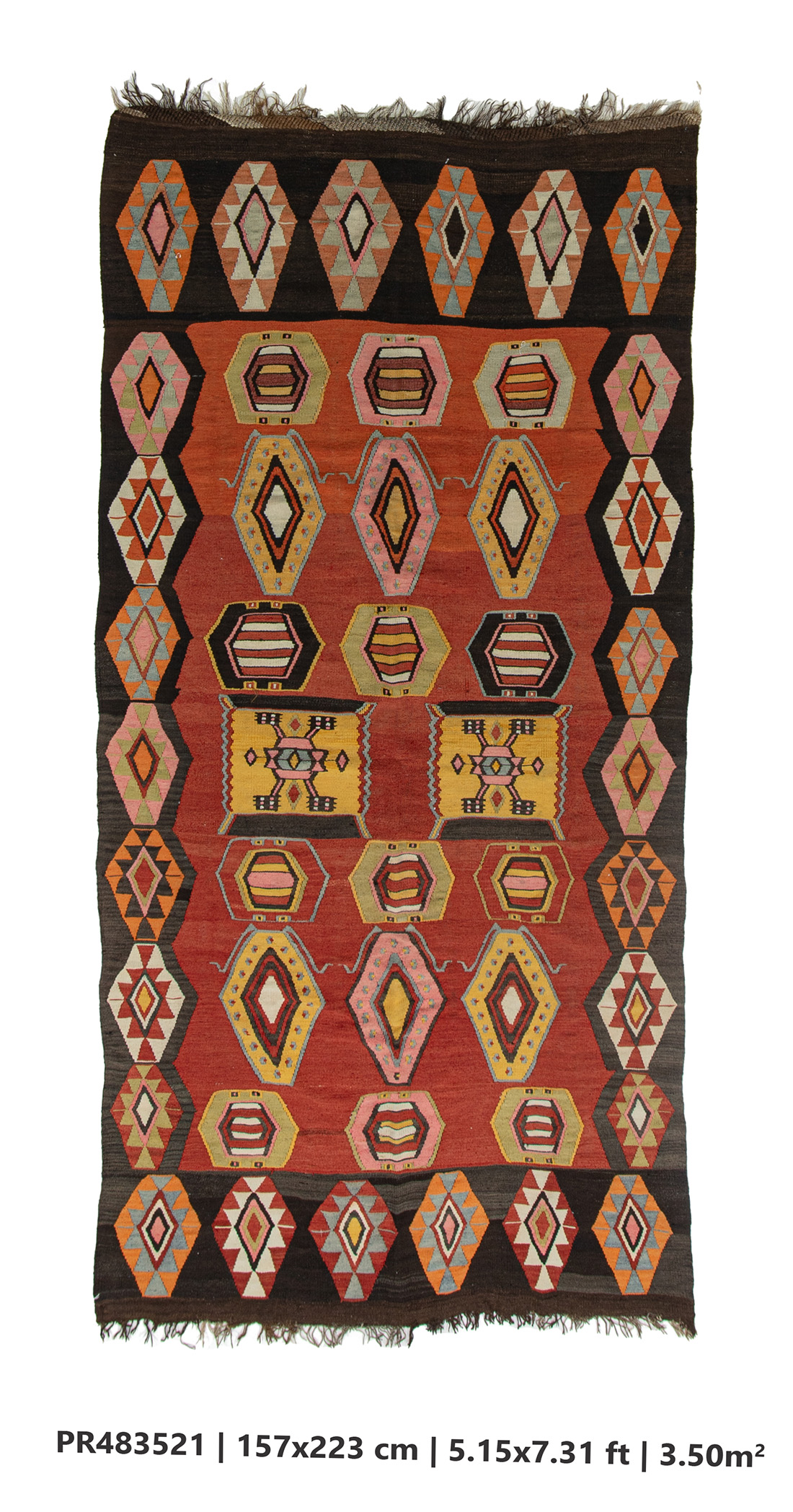 Vintage anatolian wool kilim rug geometric pattern red yellow black colors