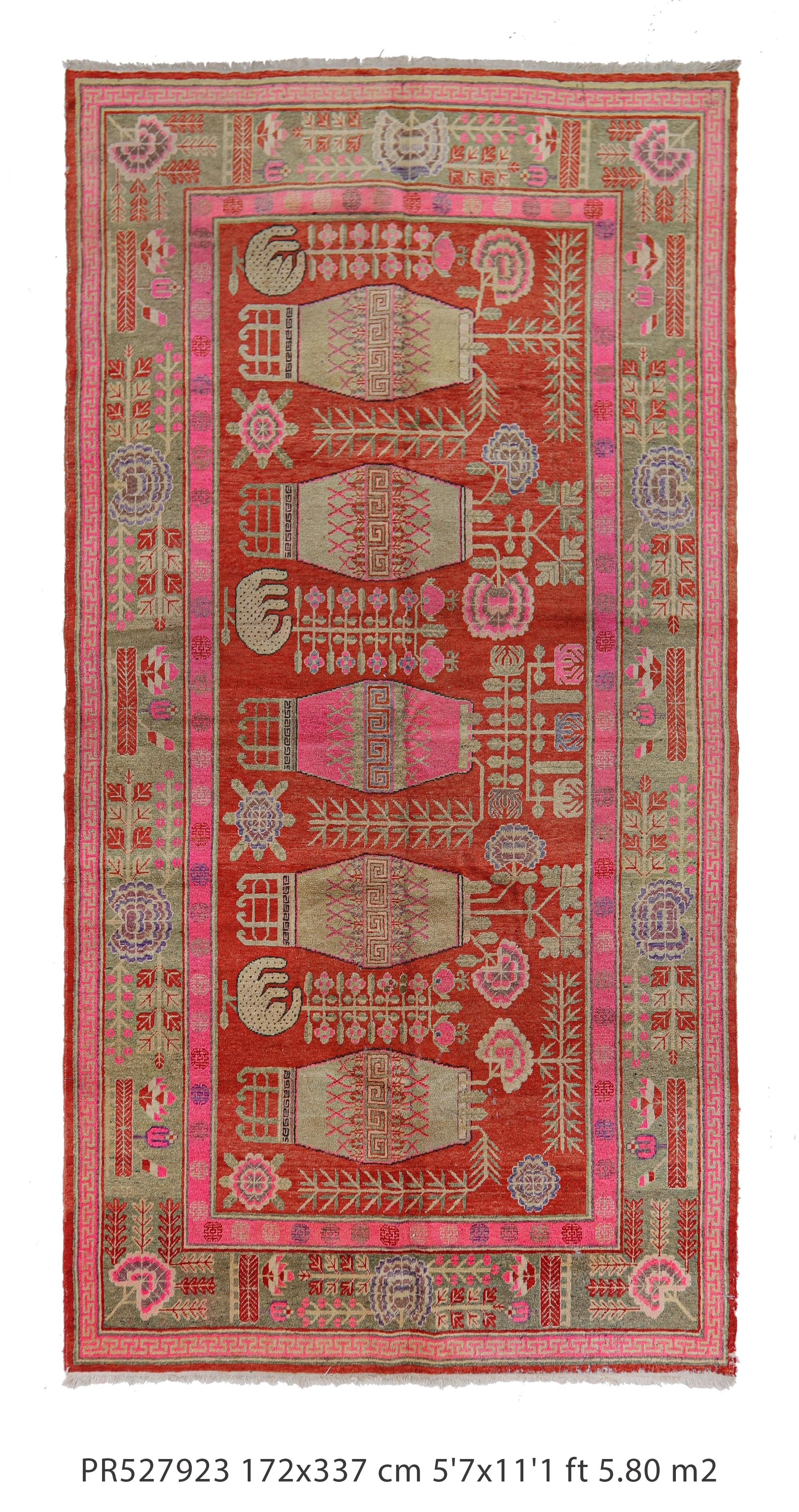 pink framed antique Khotan Vase Rug