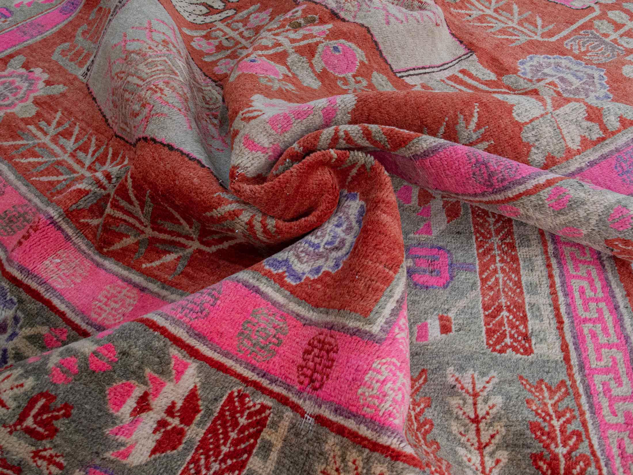 pink framed antique Khotan Vase Rug