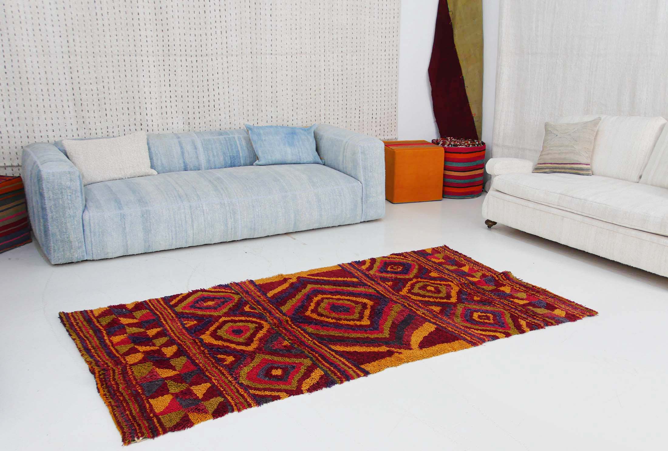 Authentic Vintage Turkish Tulu Rugs : Red Yellow Blue Colorful Carpet | 137x262 cm - 4.5x8.5 ft | TL043314 11 Authentic Vintage Turkish Tulu Rugs red yellow blue geometric pattern