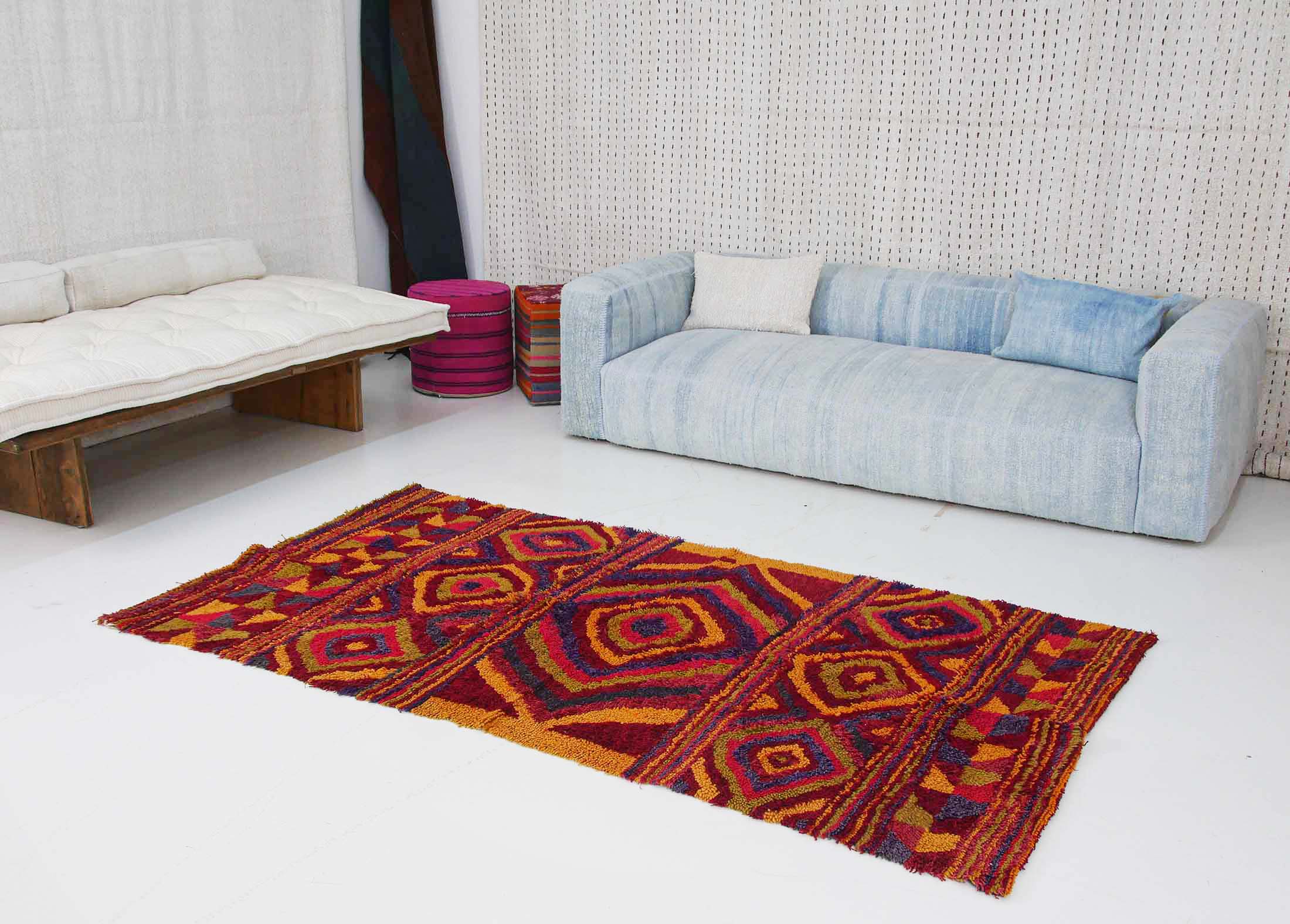 Authentic Vintage Turkish Tulu Rugs : Red Yellow Blue Colorful Carpet | 137x262 cm - 4.5x8.5 ft | TL043314 10 Authentic Vintage Turkish Tulu Rugs red yellow blue geometric pattern