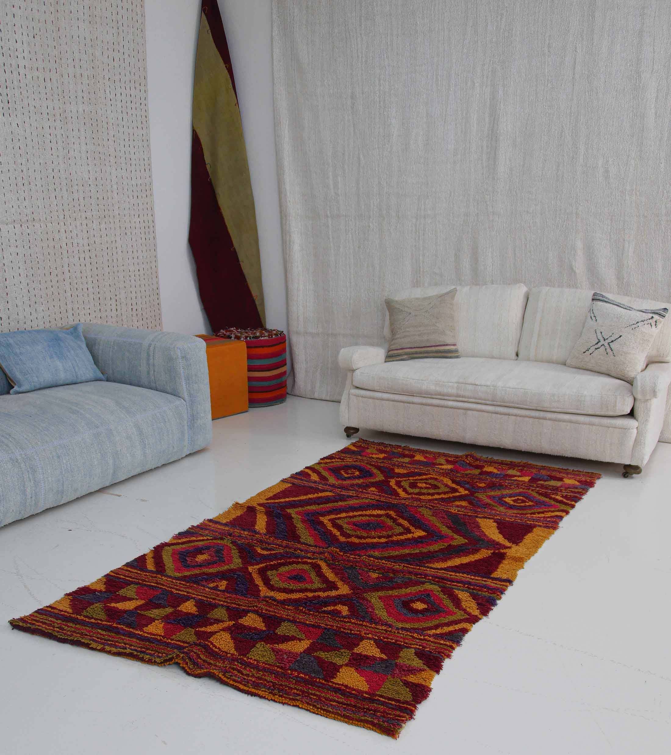 Authentic Vintage Turkish Tulu Rugs : Red Yellow Blue Colorful Carpet | 137x262 cm - 4.5x8.5 ft | TL043314 8 Authentic Vintage Turkish Tulu Rugs red yellow blue geometric pattern