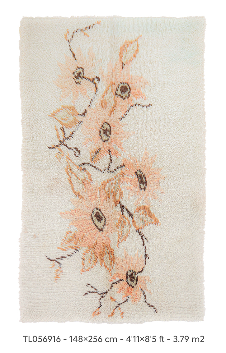 Authentic Vintage Turkish Tulu Rugs : White Pink Large Flower Design