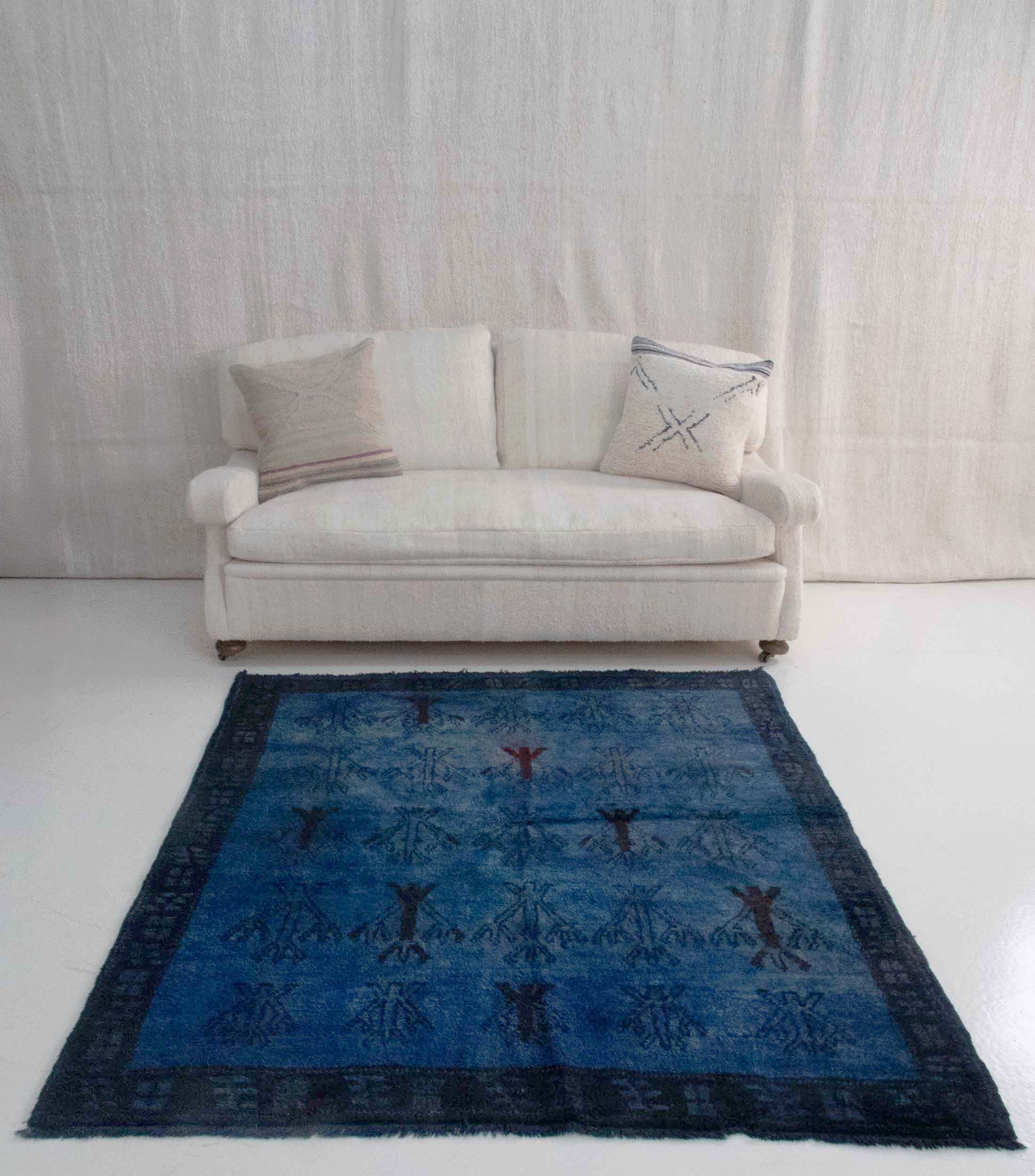 Authentic Vintage Turkish Tulu Rugs : Solid Blue Color Overdyed Carpet | 148x174 cm - 4'10x5'8 ft | TL075820 5 Authentic Vintage Turkish Tulu Rugs : overdyed blue color with archaic pattern