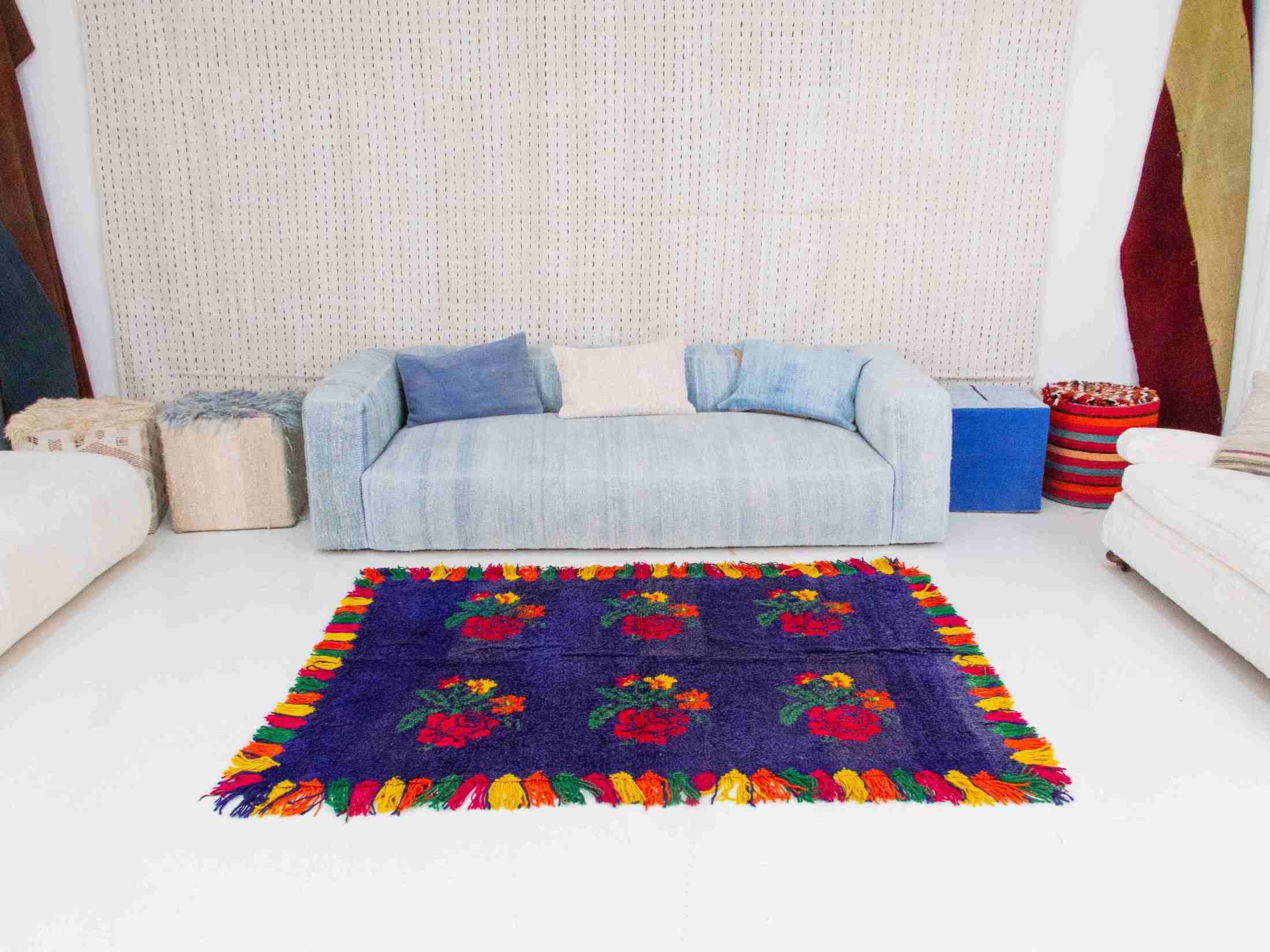 Authentic Vintage Turkish Tulu Rugs : Blue Color Red roses green yellow accents