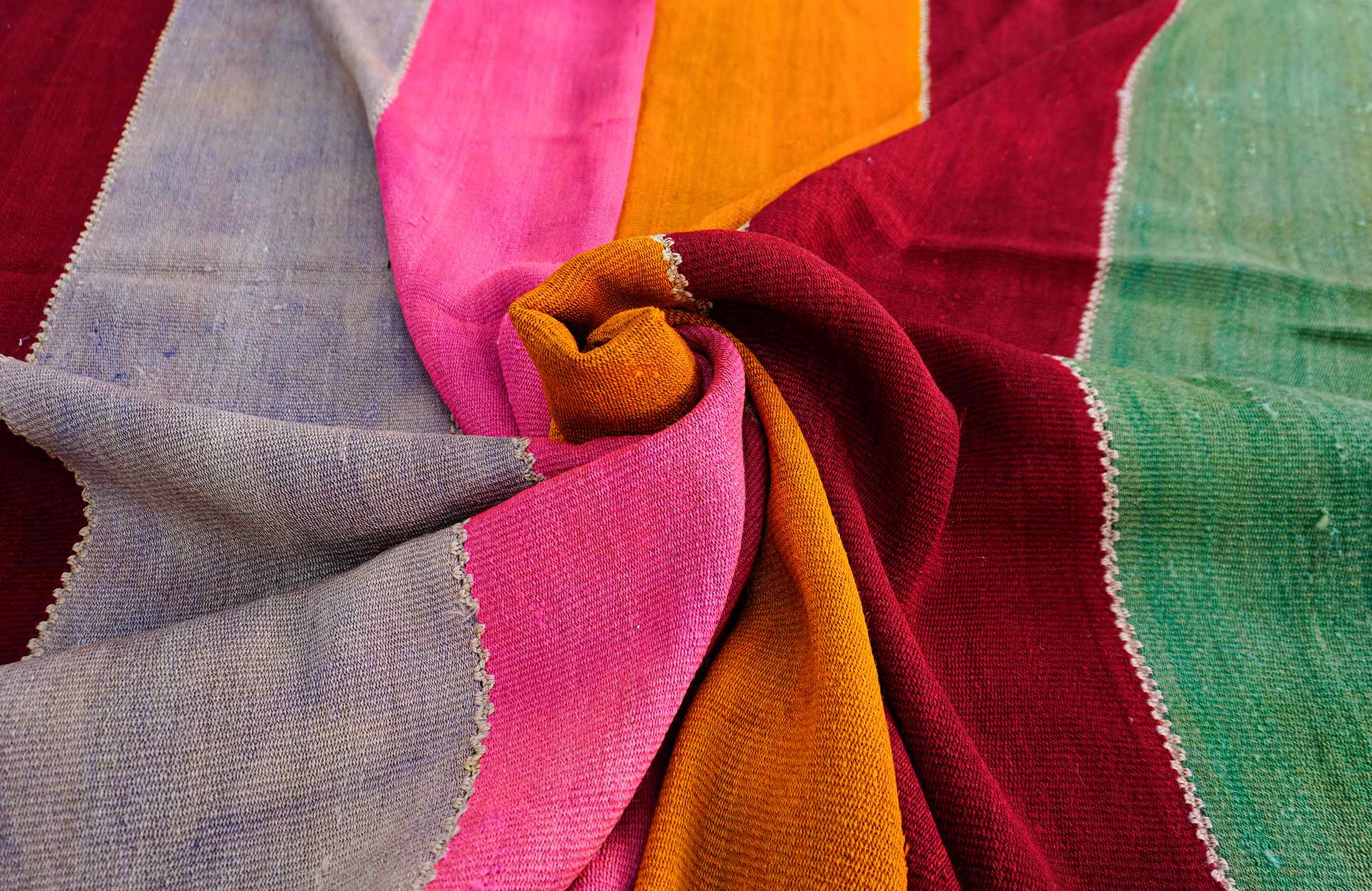 Vintage Perde Kilim Rug green red yellow pink stripes