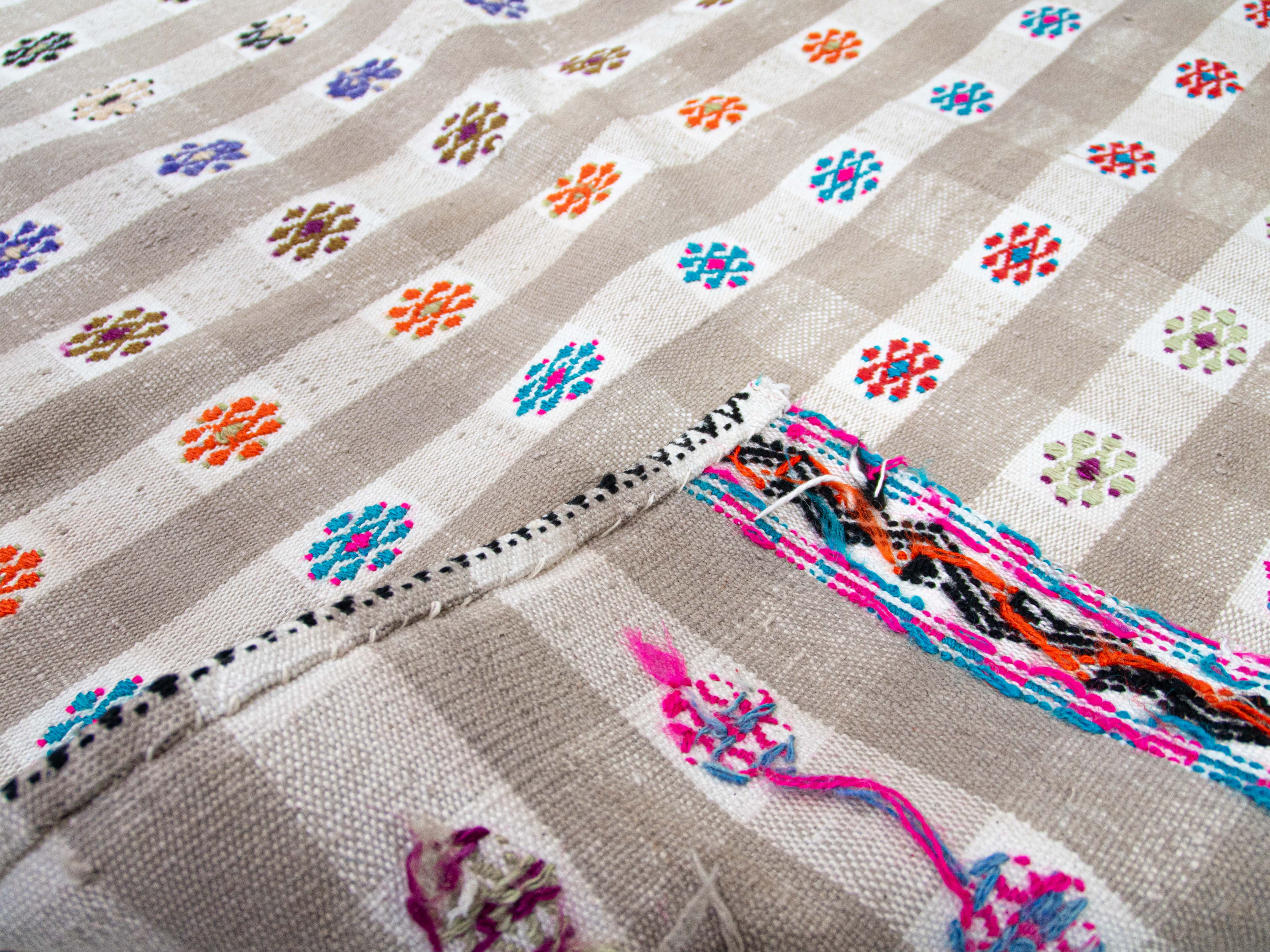 Turkish Cotton Kilim Rug : Vintage Adana Kilim with Stripes and Embroideries | 216x275 cm - 7x9 ft | PR540523 5 Turkish cotton kilim rug Adana kilim