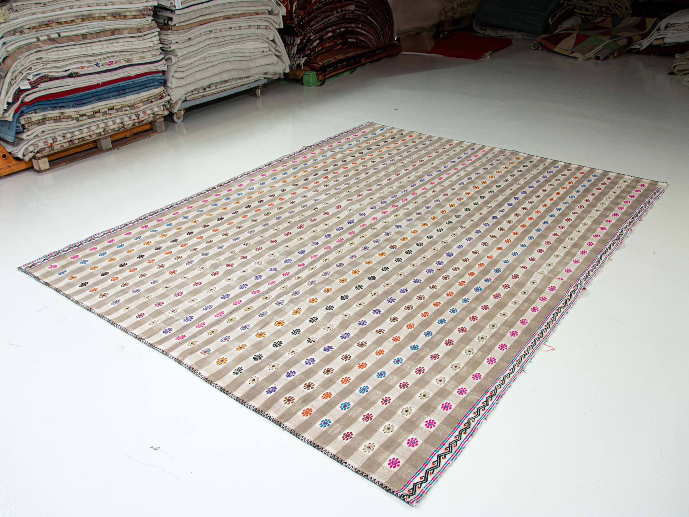 Turkish Cotton Kilim Rug : Vintage Adana Kilim with Stripes and Embroideries | 216x275 cm - 7x9 ft | PR540523 13 Turkish cotton kilim rug Adana kilim