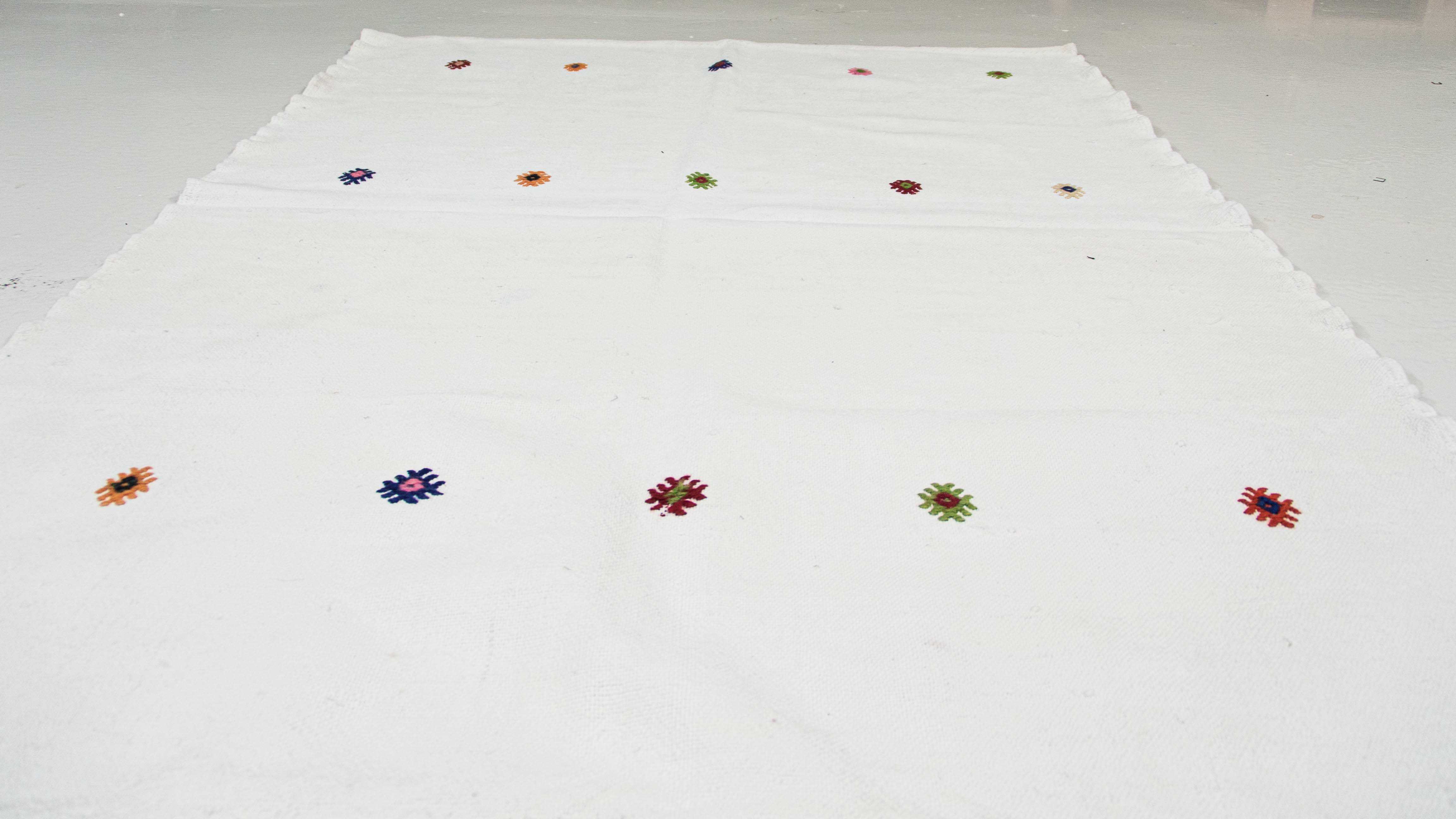 Turkish Cotton Kilim Rug : Vintage Adana Kilim White with Embroideries | 120x180 cm - 4x6 ft | PR541623 7 Turkish cotton kilim rug Adana kilim