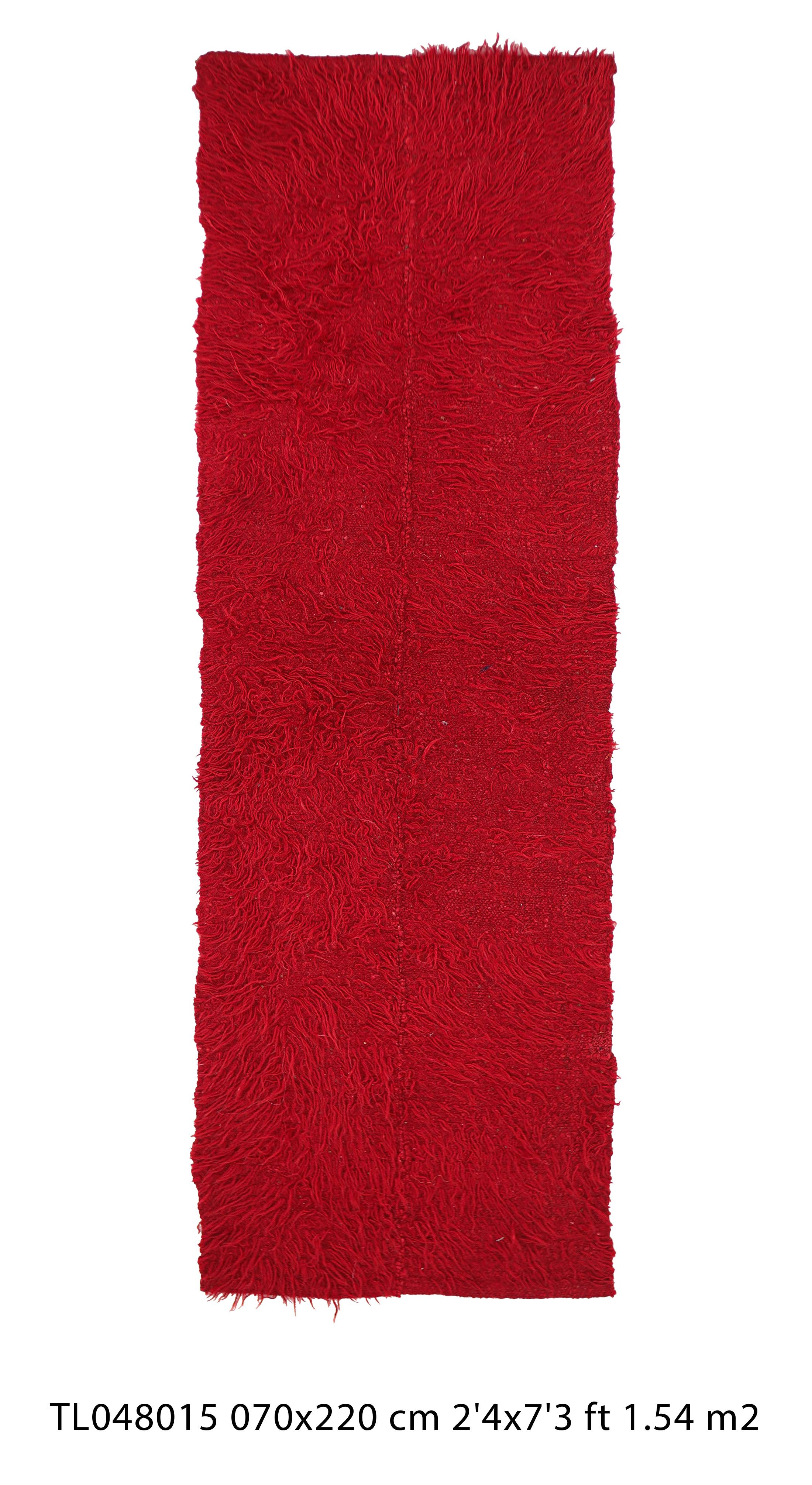 Authentic Vintage Turkish Tulu Rugs : Solid Red Vibrant Color Runner