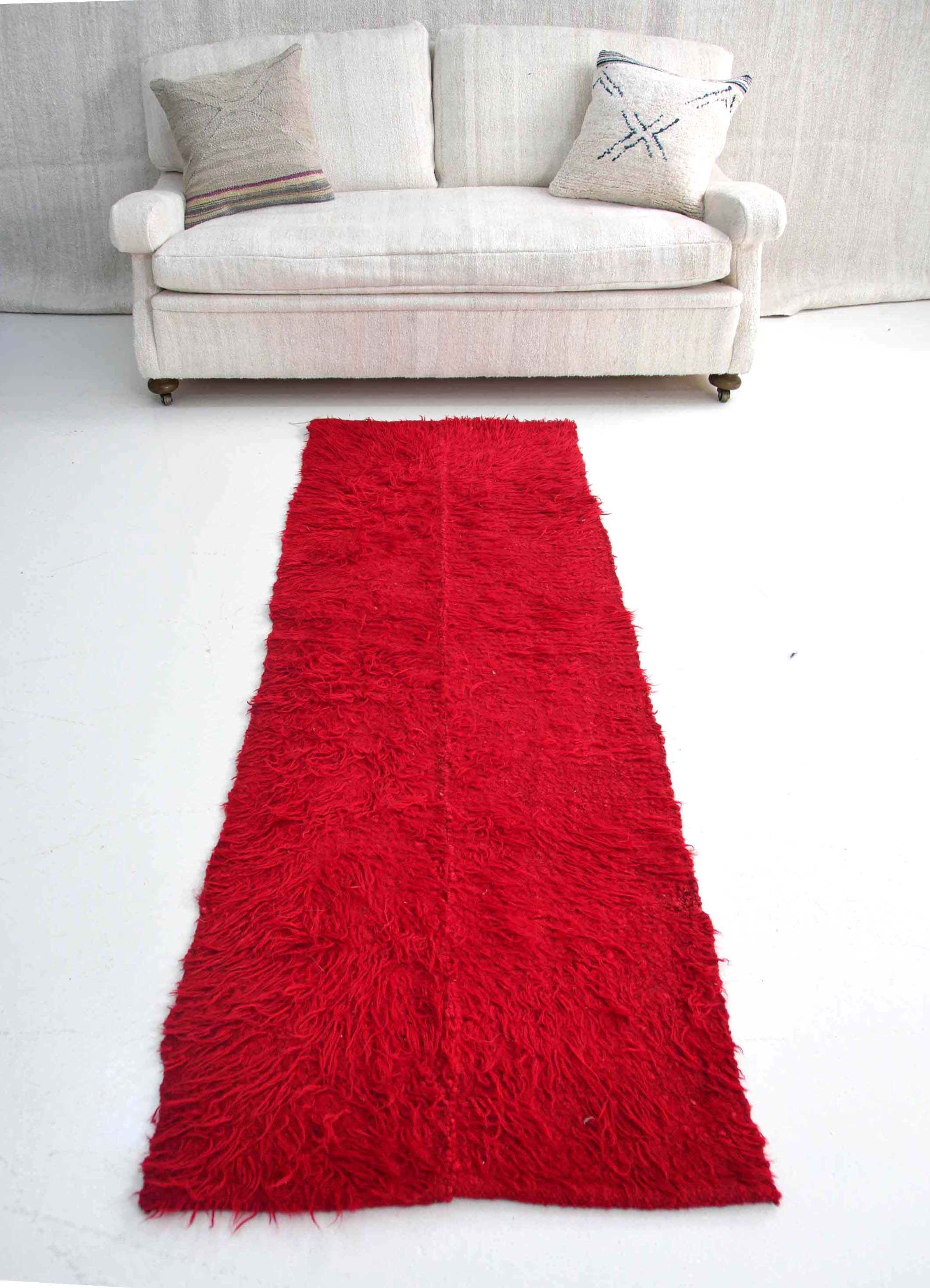 Authentic Vintage Turkish Tulu Rugs : Solid Vibrant Red Runner | 70x220 cm - 2.3x7.2 ft - 1.54 m2 | TL048015 8 Authentic Vintage Turkish Tulu Rugs : Solid Red Vibrant Color Runner