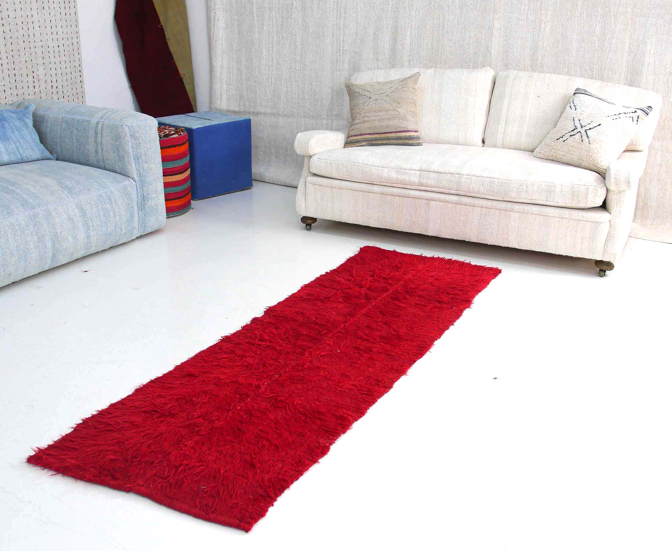 Authentic Vintage Turkish Tulu Rugs : Solid Vibrant Red Runner | 70x220 cm - 2.3x7.2 ft - 1.54 m2 | TL048015 7 Authentic Vintage Turkish Tulu Rugs : Solid Red Vibrant Color Runner