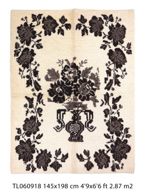 Authentic Vintage Turkish Tulu Rugs : White Brown Floral Carpet